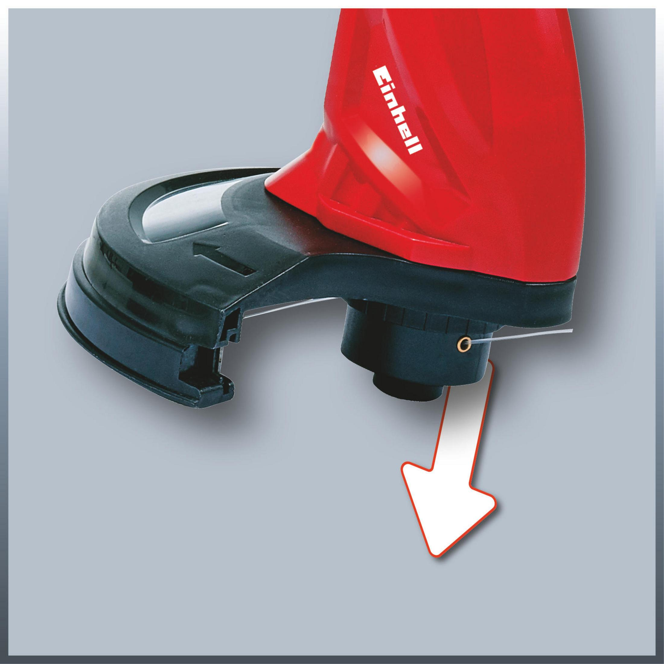 Roter Einhell-Trimmerkopf mit schwarzem Schutz und Pfeil nach unten.