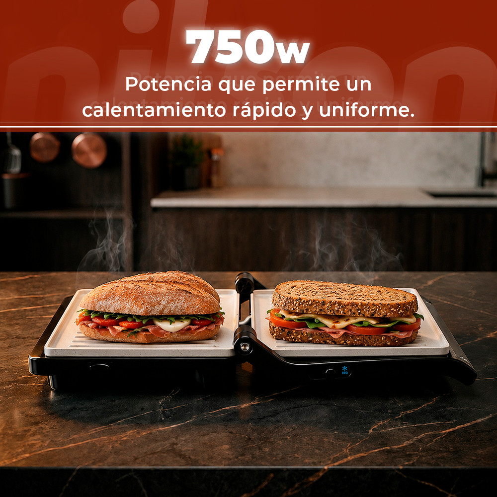 Una sandwichera con dos sándwiches, vapor ascendiendo.