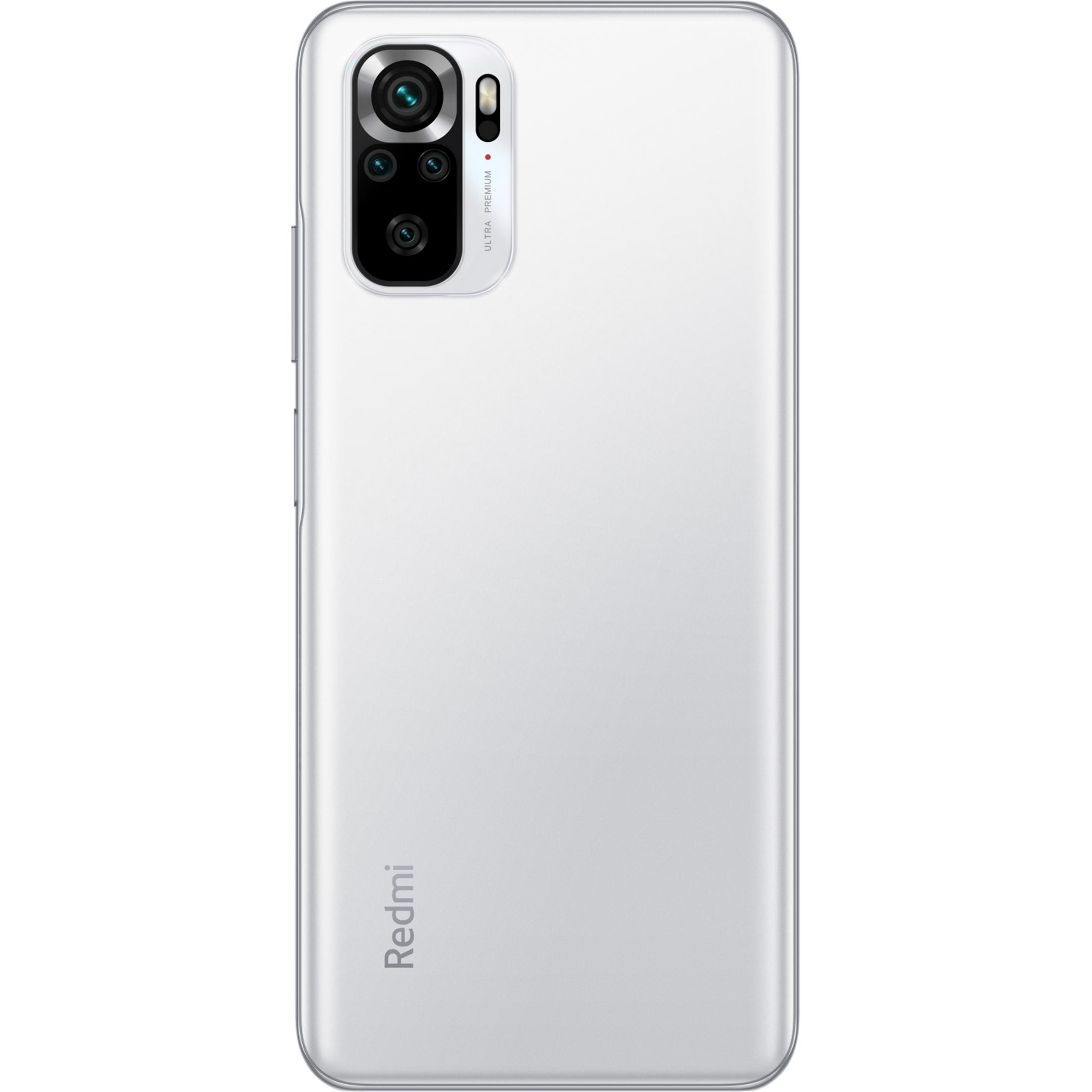 Rückseite eines weißen Smartphones mit vier Kameras und Redmi-Logo.