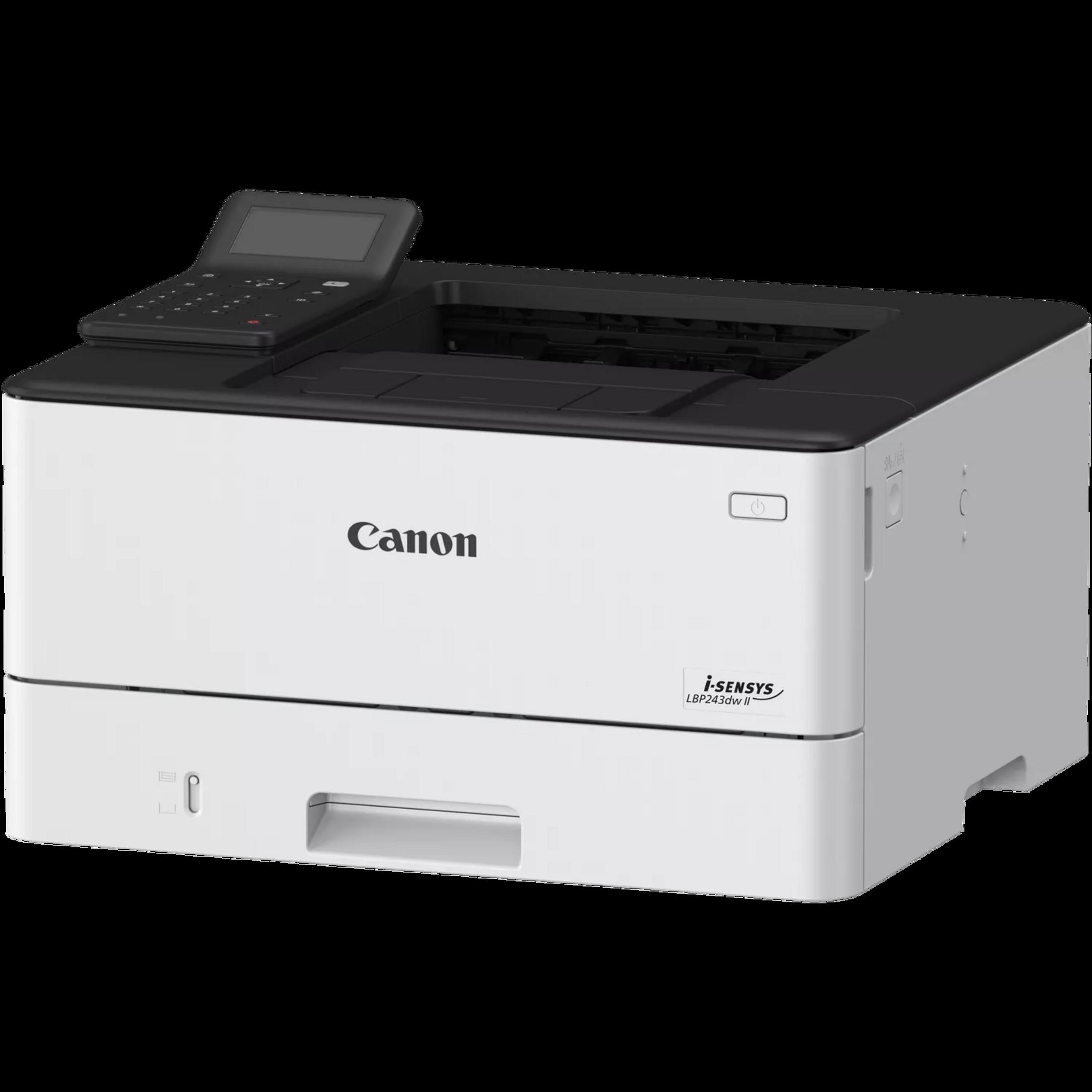 Una stampante laser Canon i-SENSYS bianca con pannello di controllo e display neri.