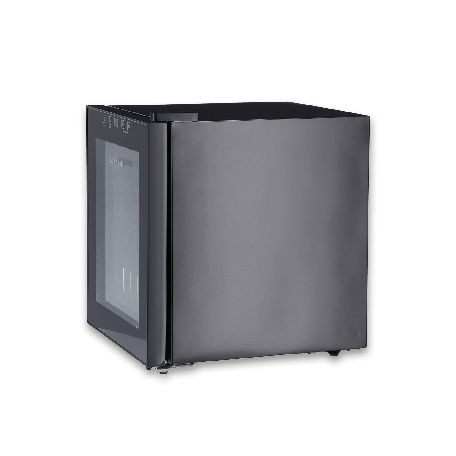 Un refrigerador pequeño y negro con puerta de cristal sobre fondo verde.