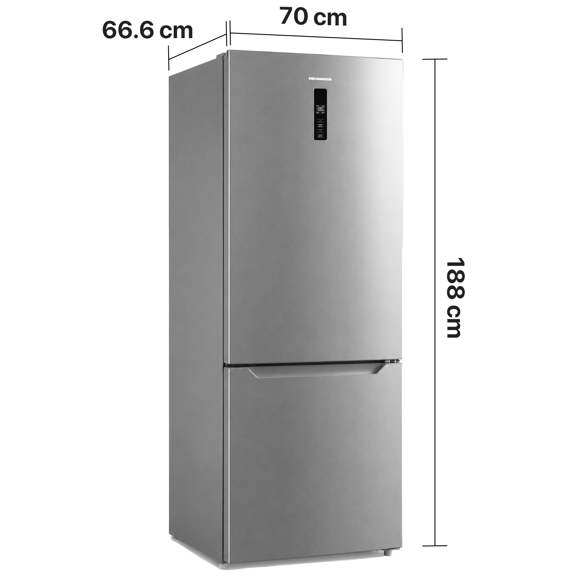 Ein silberner Kühlschrank mit Digitalanzeige und Maßen 70x66,6x188 cm.