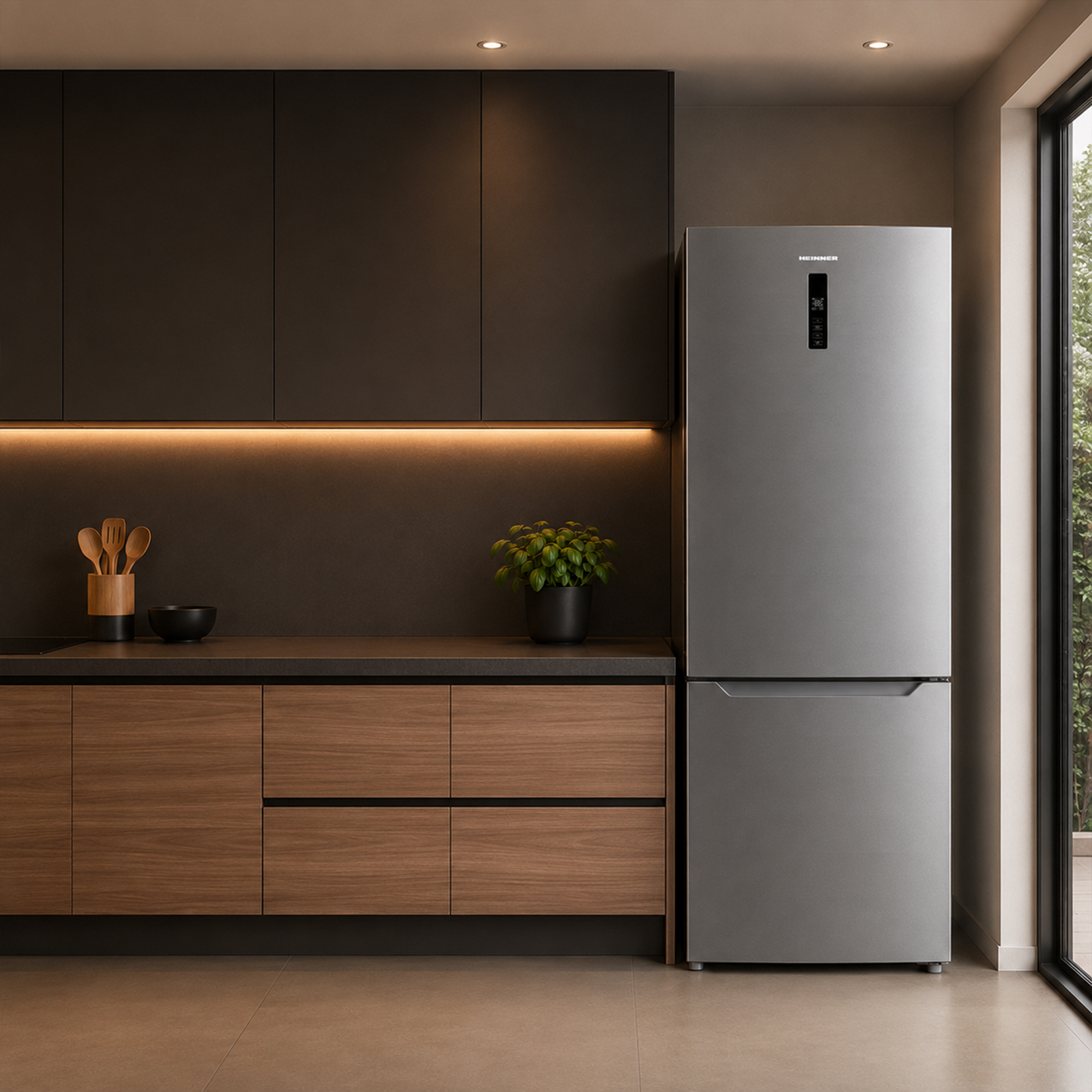 Moderne Küche mit silbernem Kühlschrank, Holzböden und dunklen Schränken.