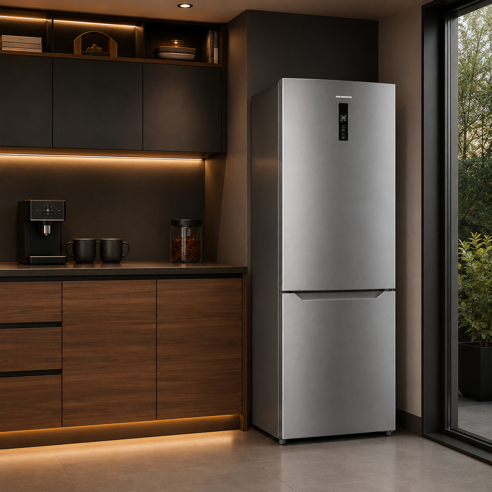 Moderne Küche mit silbernem Kühlschrank, Kaffeemaschine, Tassen, Gläsern und Holzschränken.