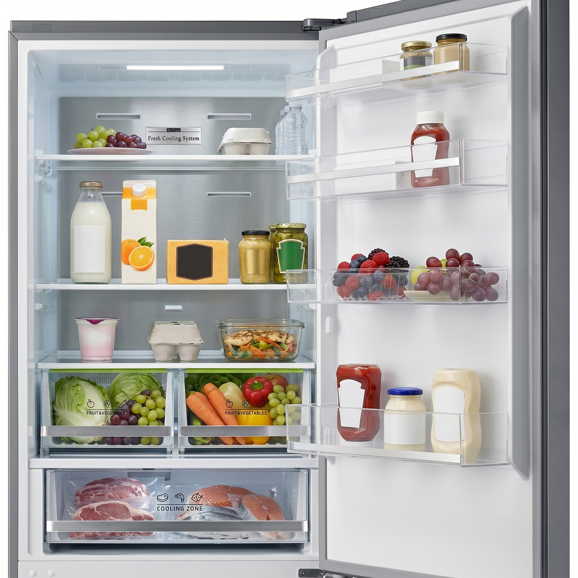 Ein offener Kühlschrank mit Lebensmitteln: Obst, Gemüse, Fleisch, Fisch, Eier, Milch, Saucen.