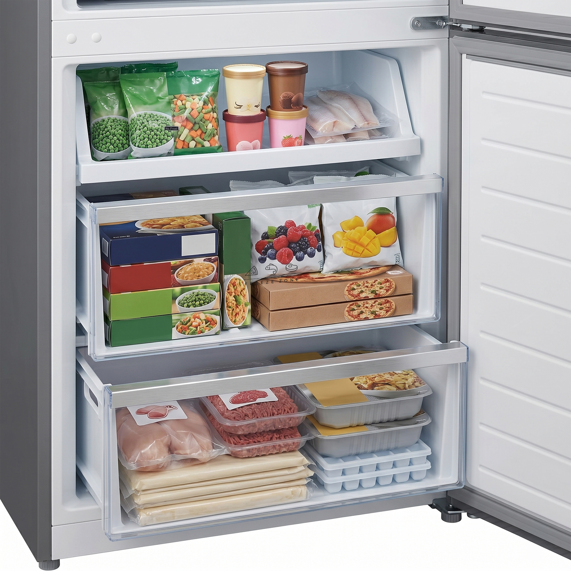 Gefrierfach mit gefrorenen Lebensmitteln: Gemüse, Eis, Fisch, Pizzen, Fleisch und Teig.