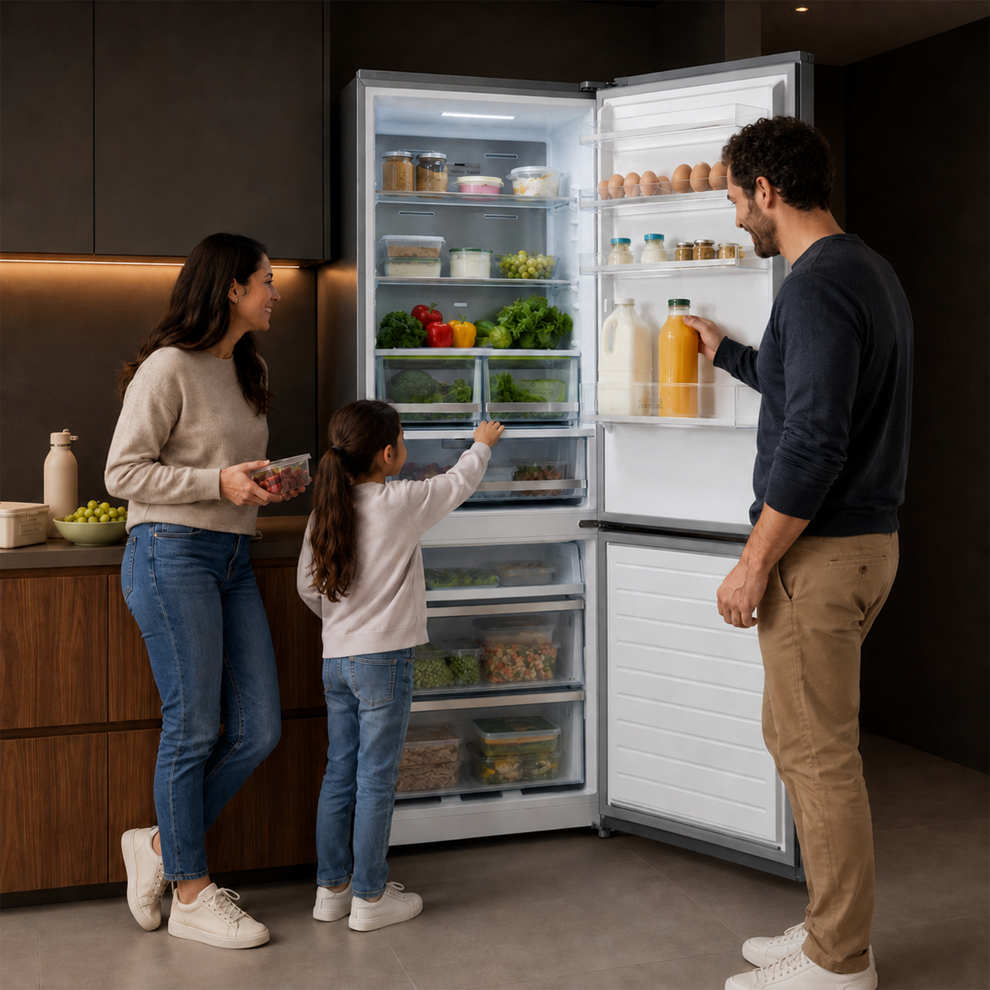 Eine Familie steht vor einem offenen Kühlschrank mit Lebensmitteln.