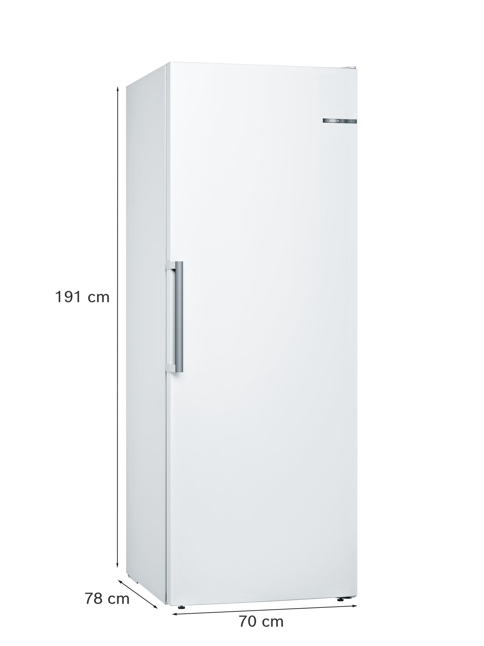 Un frigorifero Bosch bianco, alto 191 cm, profondo 78 cm e largo 70 cm.