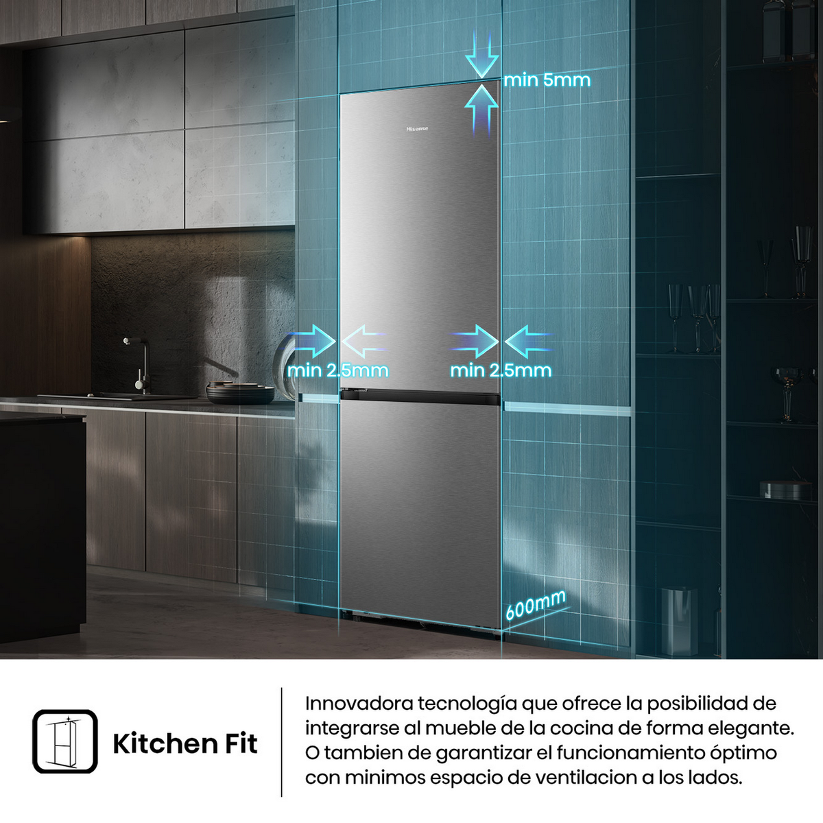 Un frigorifero in cucina con indicatori di spazio: 5mm sopra, 2,5mm laterali.