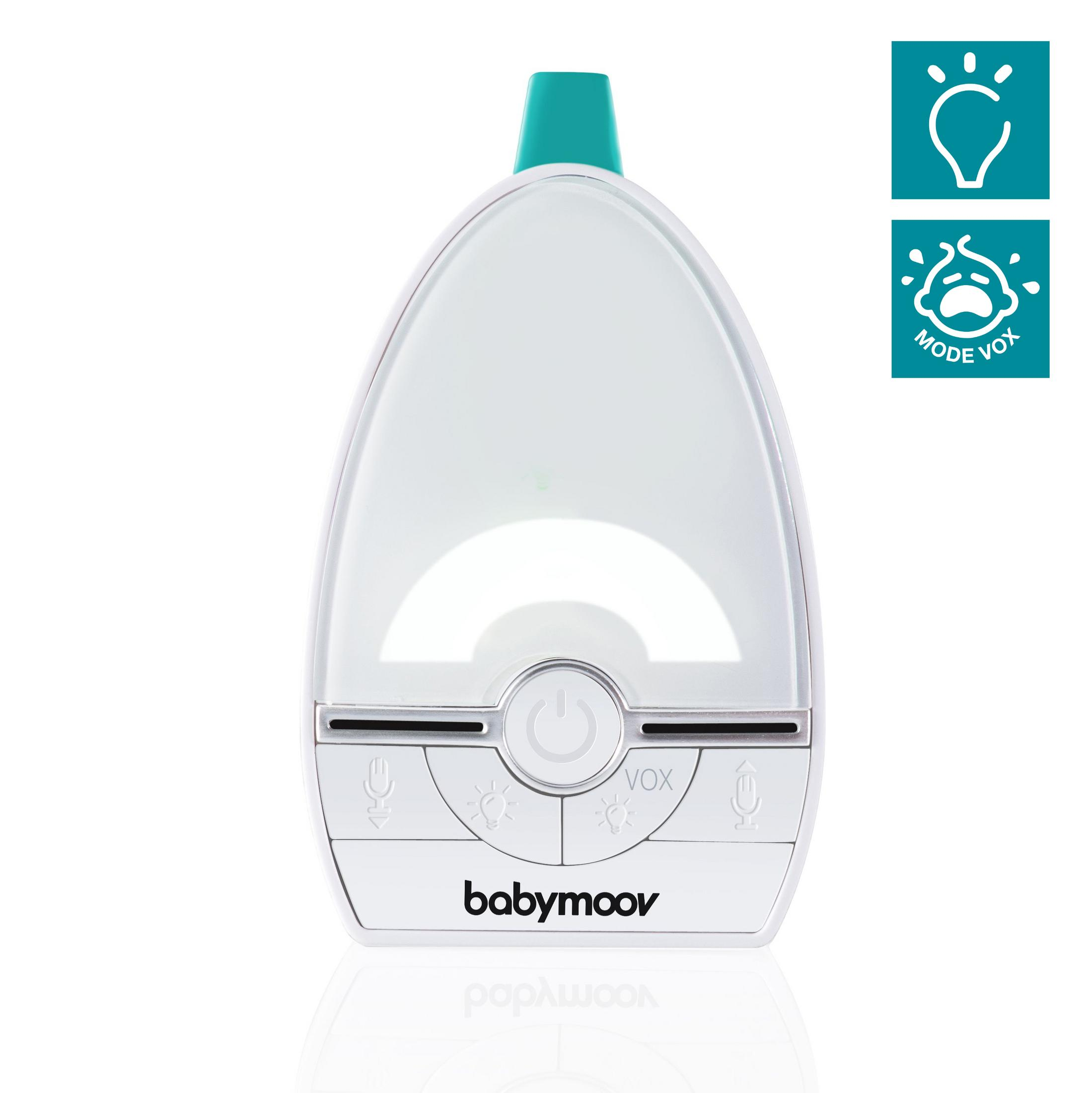 Weißes Babymoov Babyphone mit türkisfarbenen Akzenten, VOX und Licht-Icons.