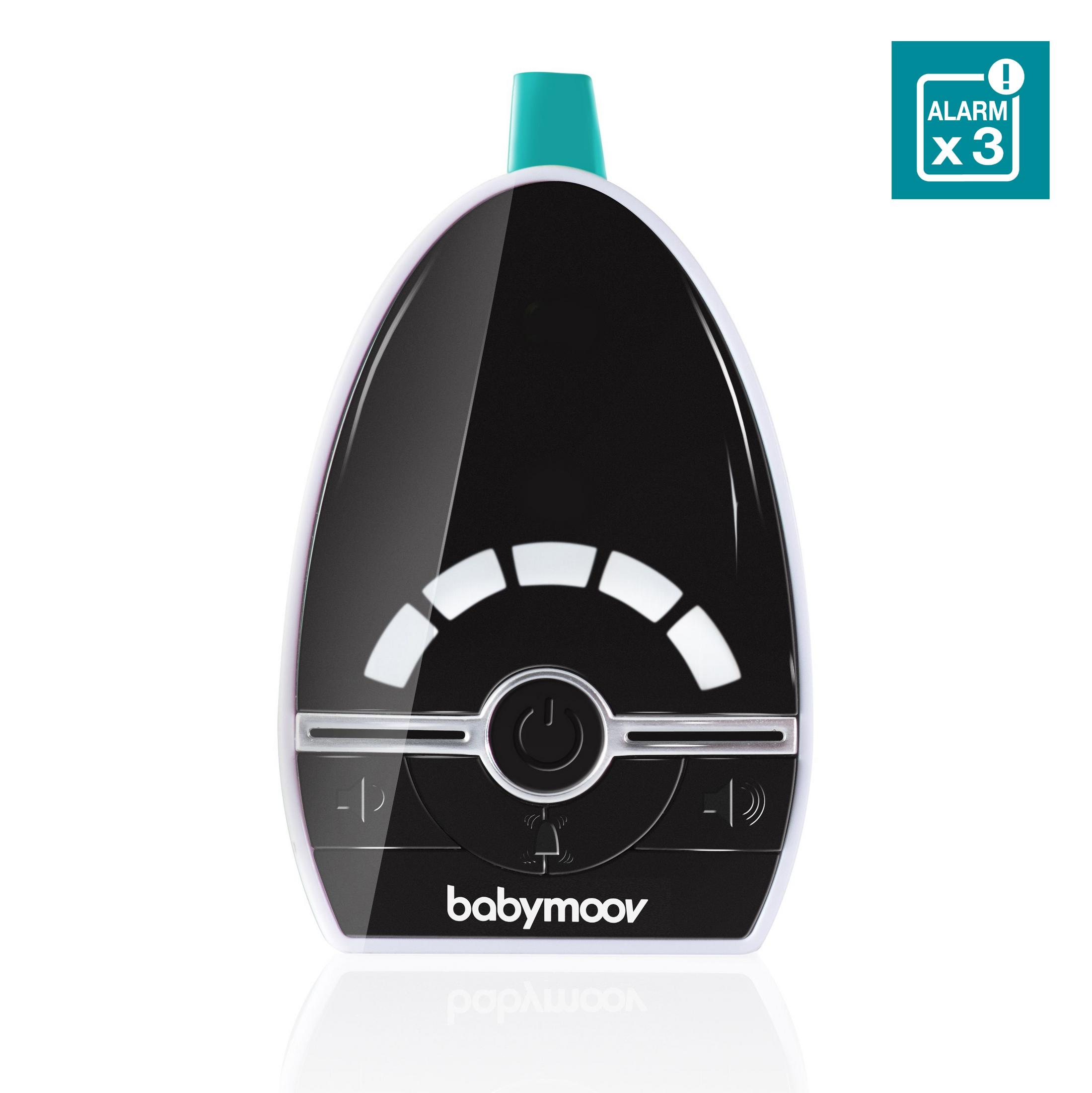 Ein schwarzes Babymoov Babyphone mit blauem Akzent und Alarm-Symbol.