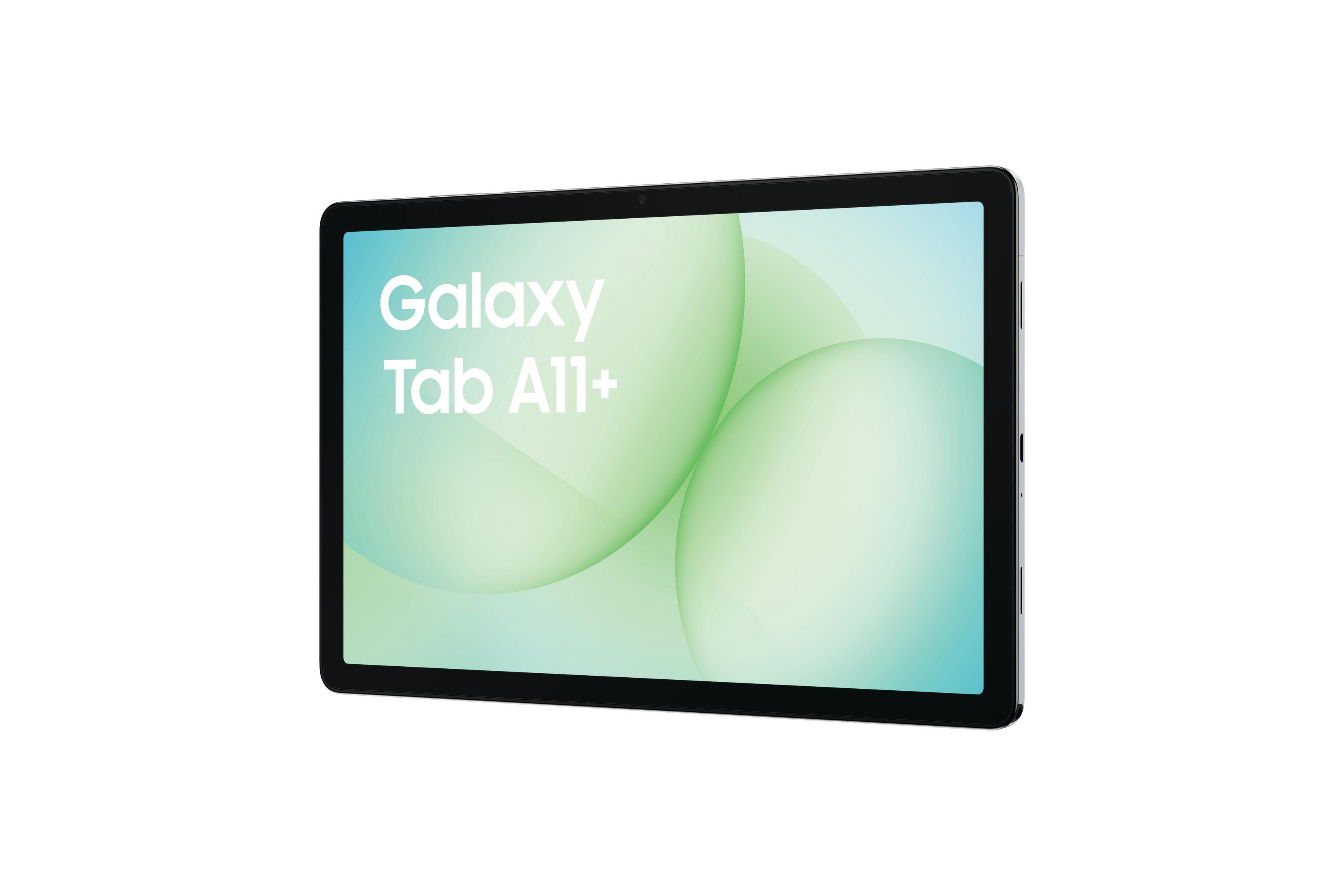 Un tablet Samsung Galaxy Tab A11+ nero che mostra cerchi verdi sullo schermo.