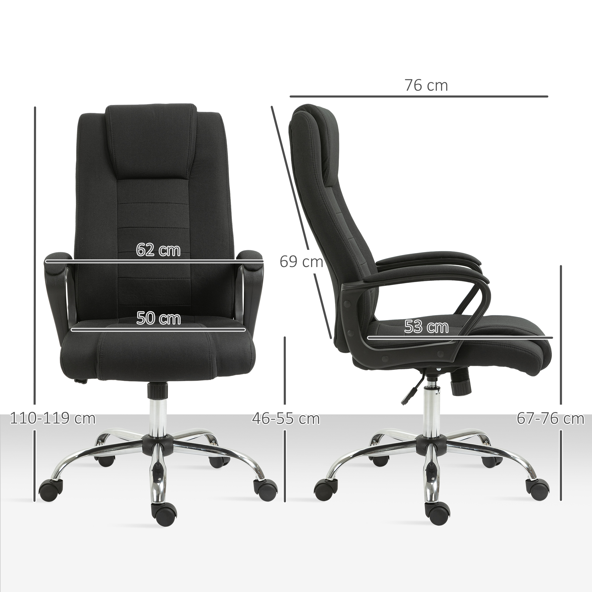 Sedia da ufficio nera con dimensioni: 62 cm larghezza, 69 cm altezza, 50 cm profondità.