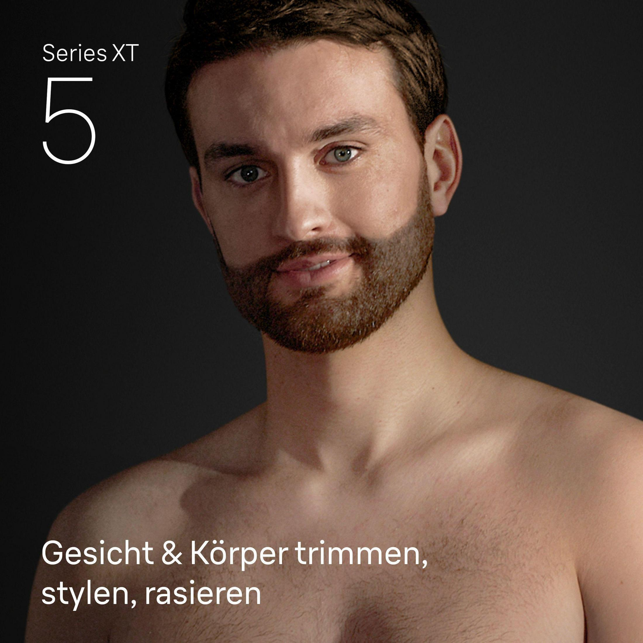 Un uomo con la barba e testo "Series XT 5". Rifinire, stilizzare, radere.