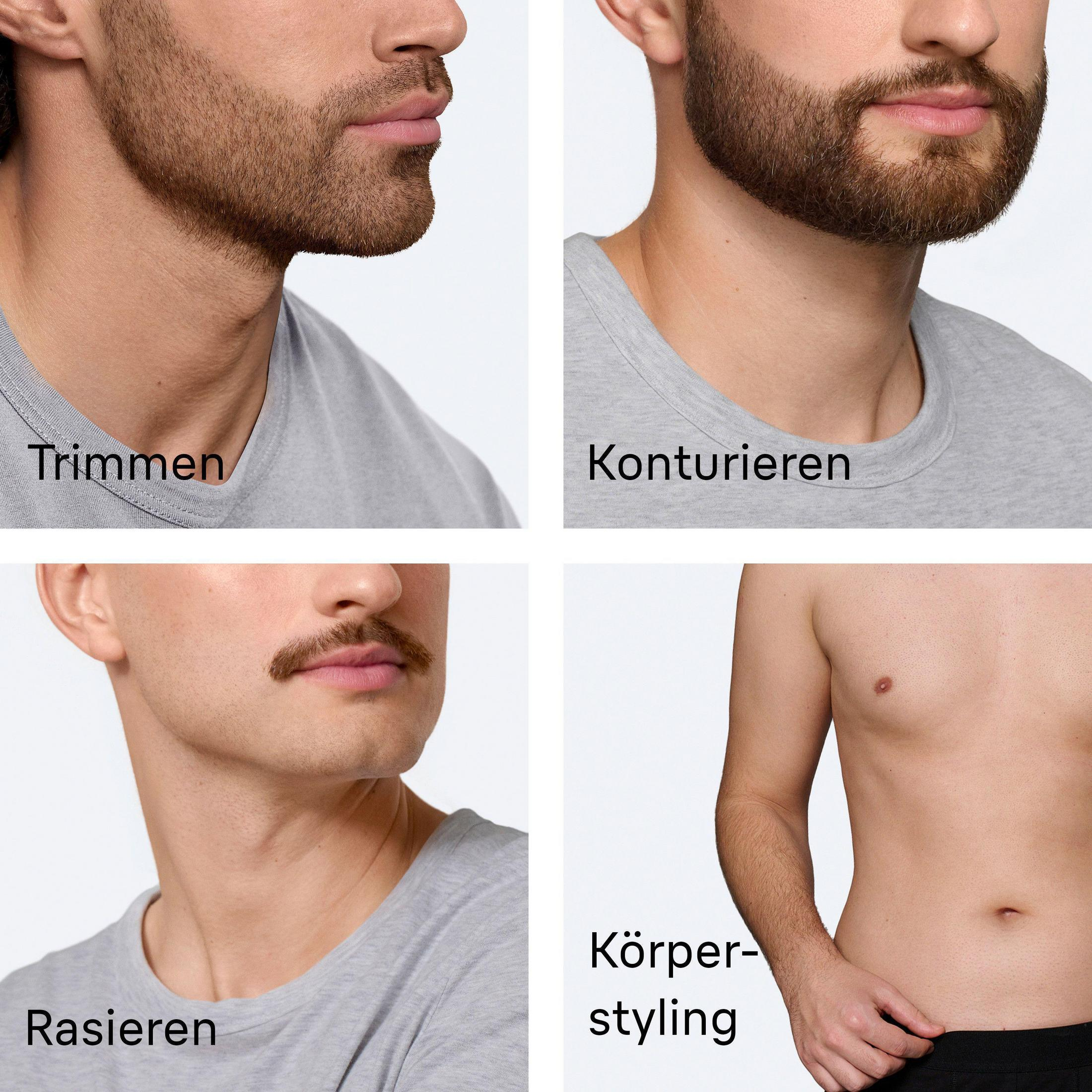 Quattro viste di uomini: rifinitura, contornatura, rasatura e styling del corpo.