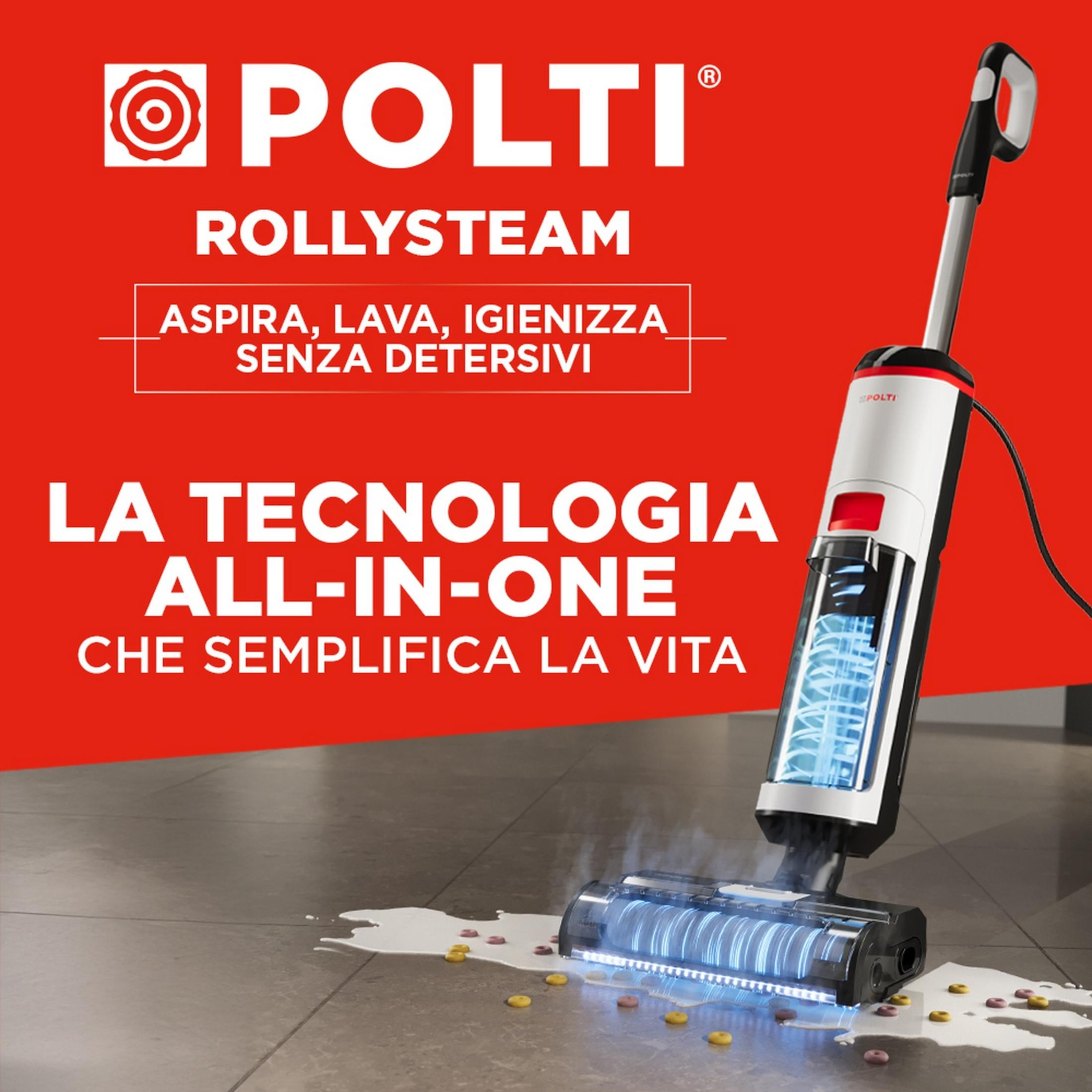 Una aspiradora Polti Rollysteam limpia un suelo sucio con cepillos iluminados de azul.