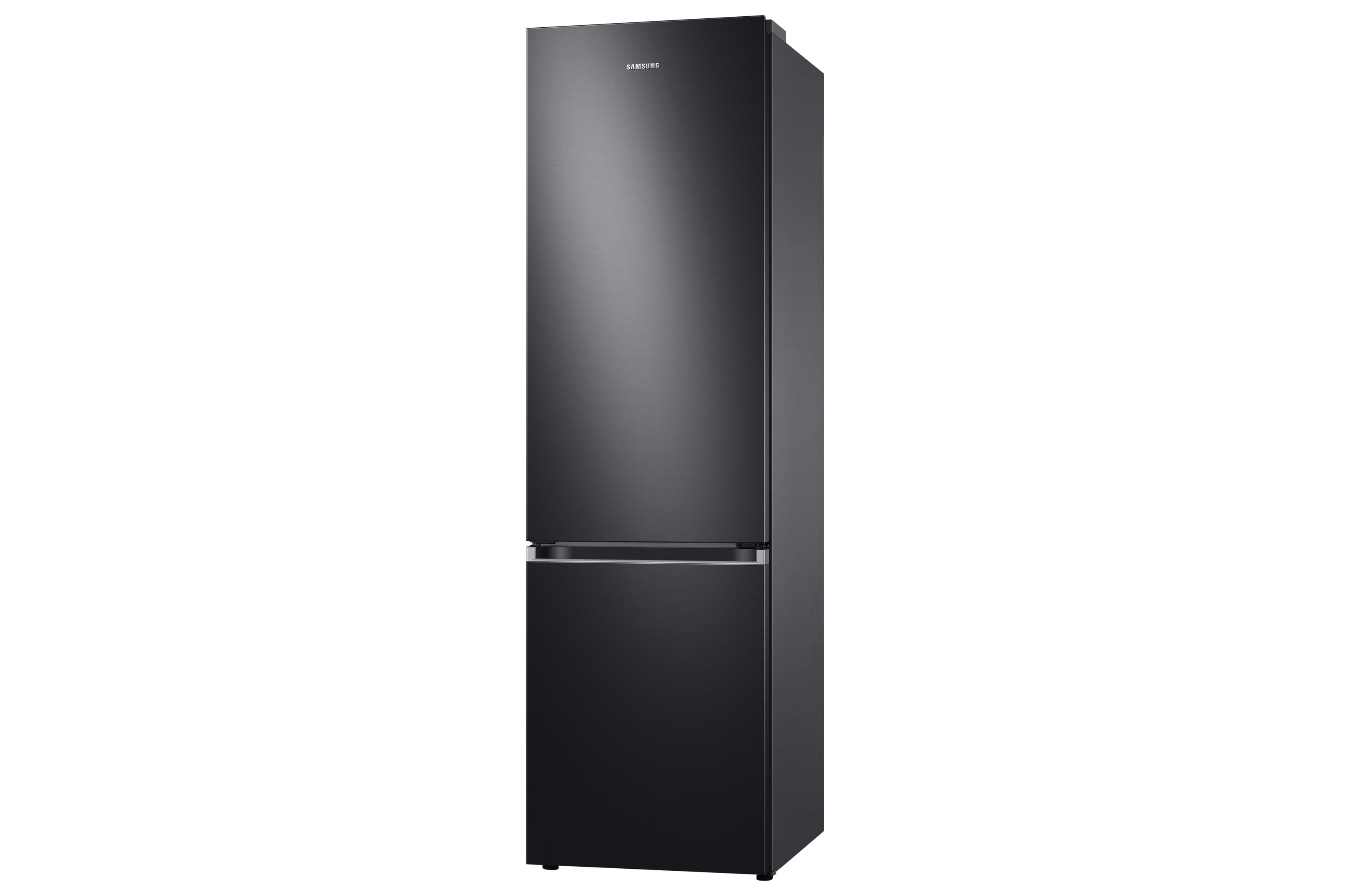 Ein schlanker, schwarzer Samsung-Kühlschrank mit Gefrierfach unten.