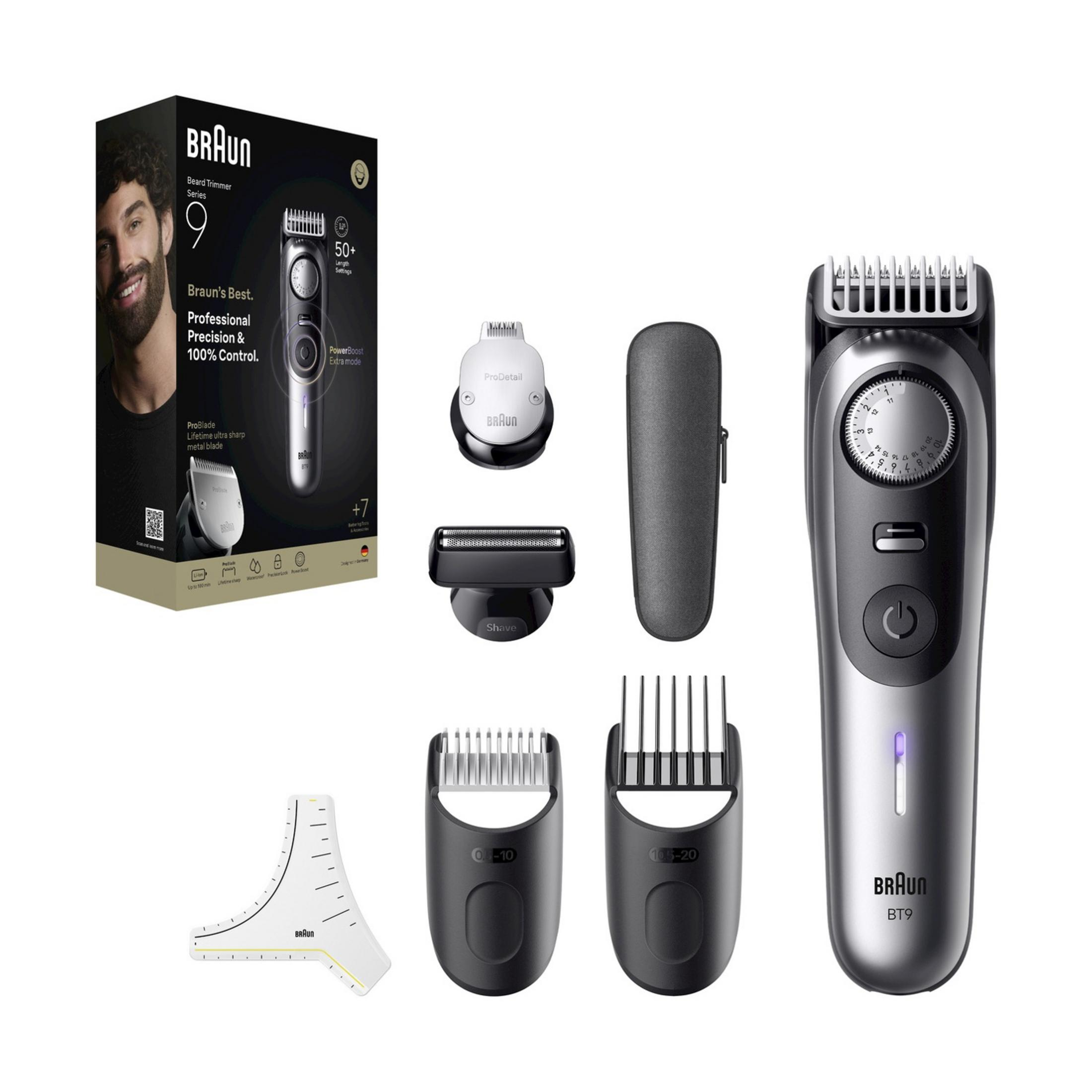 Braun beard trimmer set with accessories: trimmer, heads, charger, and stencil.