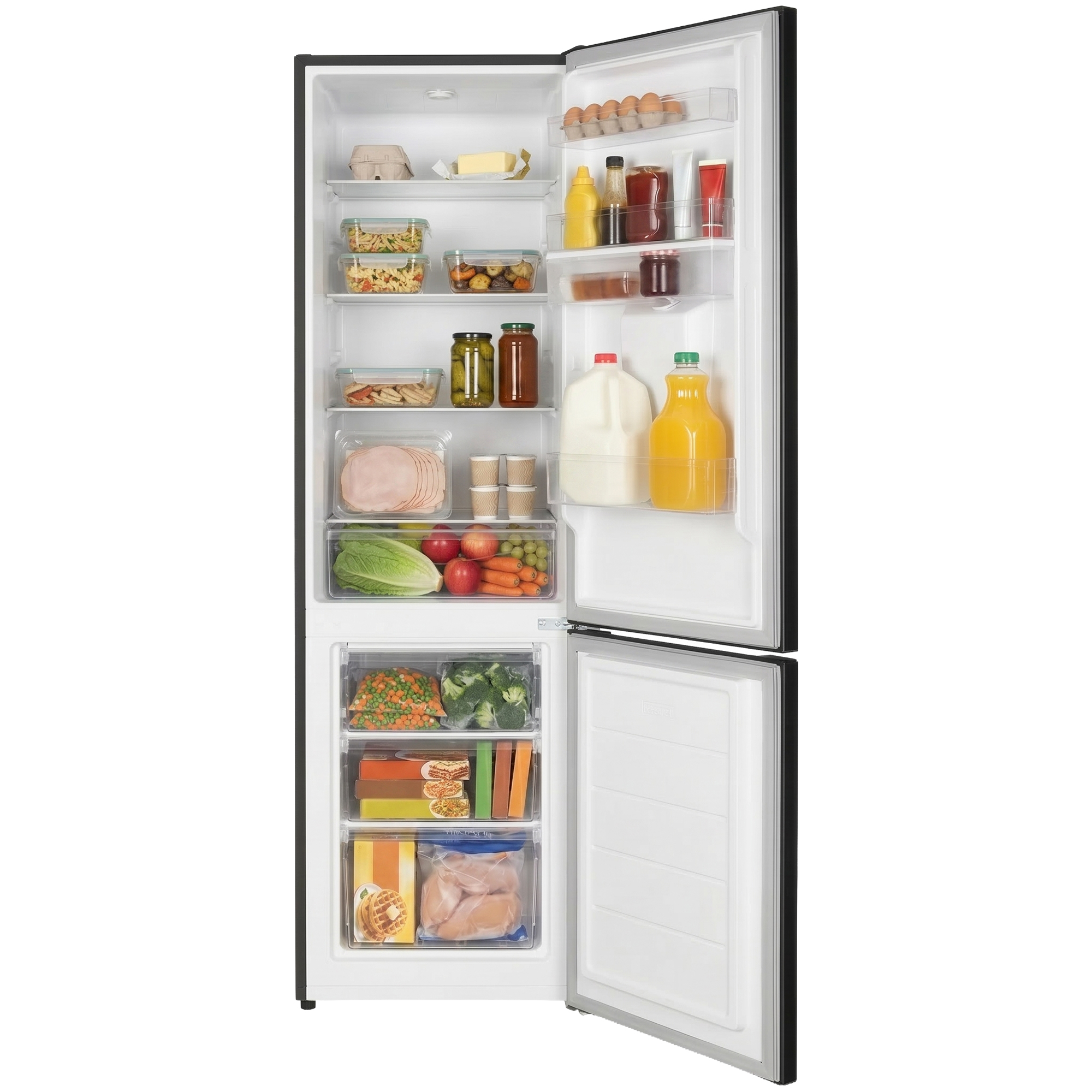 Ein offener Kühlschrank mit Lebensmitteln: Eier, Butter, Gemüse, Saft, Milch, Fleisch.