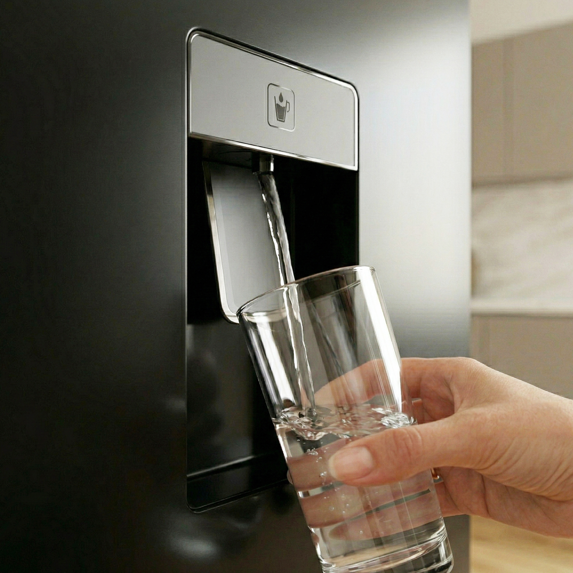 Wasser fließt in ein Glas, das von einer Hand gehalten wird, neben einem Wasserspender.