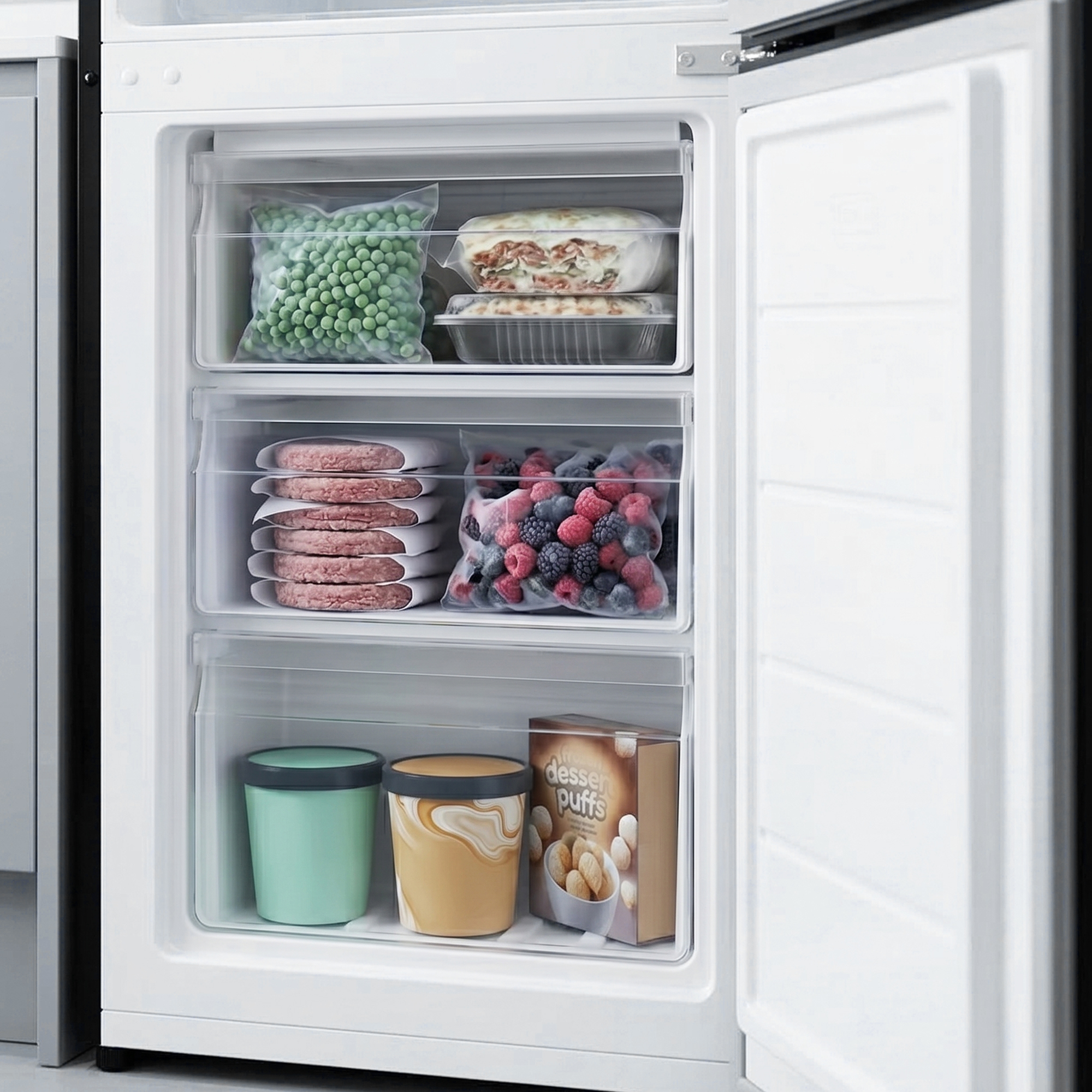 Gefrierschrank mit gefrorenen Erbsen, Burgern, Beeren, Eis und Dessert.