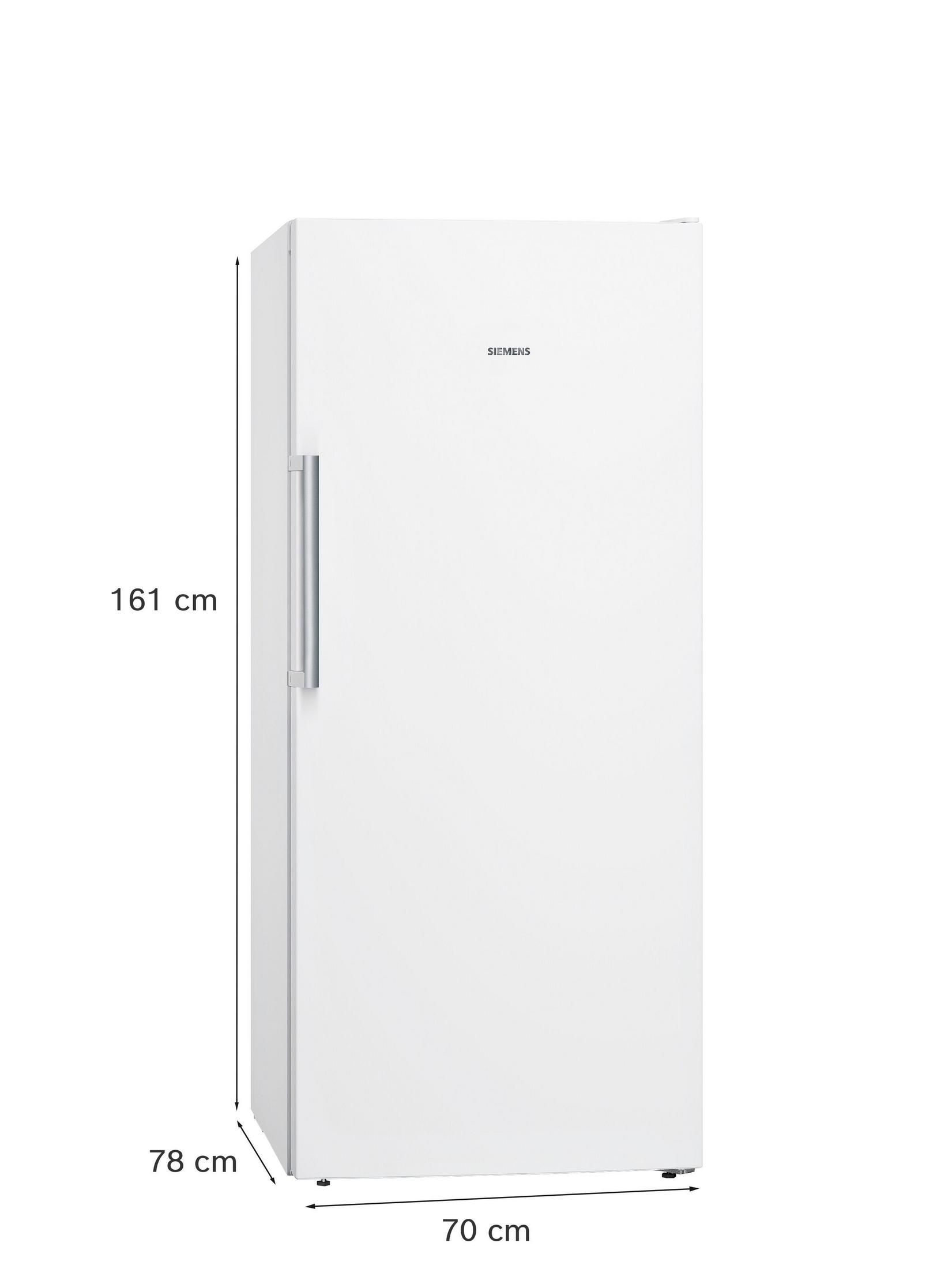 Un frigorifero bianco Siemens con maniglia argentata. Dimensioni: 161x78x70 cm.