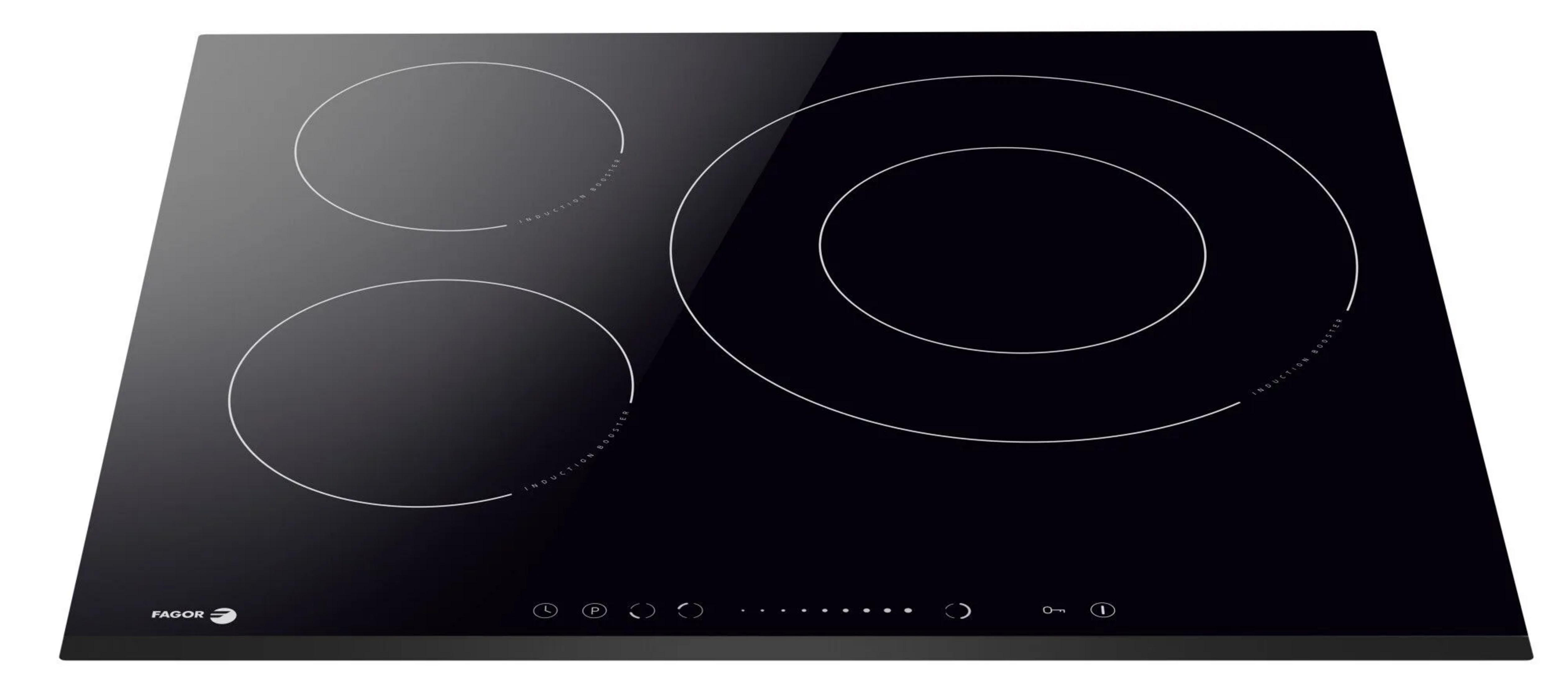 Placa de inducción negra con tres zonas de cocción y controles táctiles.