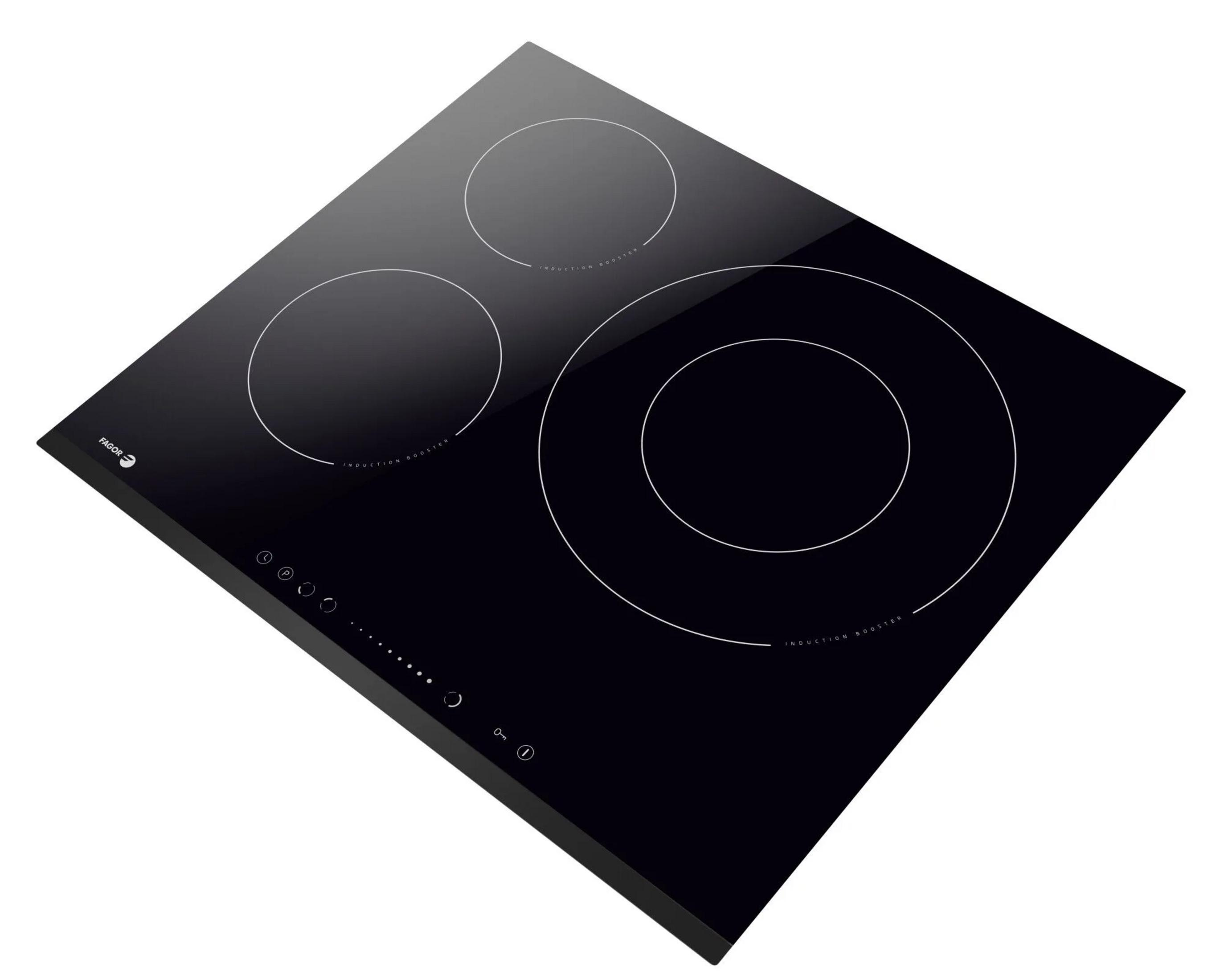 Una placa de inducción negra con cuatro zonas de cocción y controles táctiles.