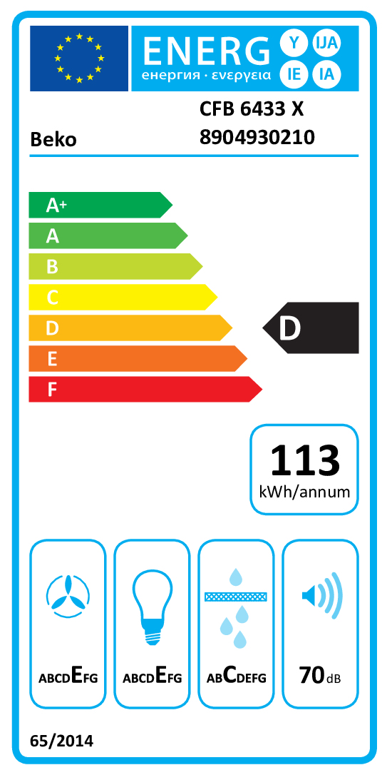 Etichetta energetica Beko CFB 6433 X: Classe D, 113 kWh/anno.