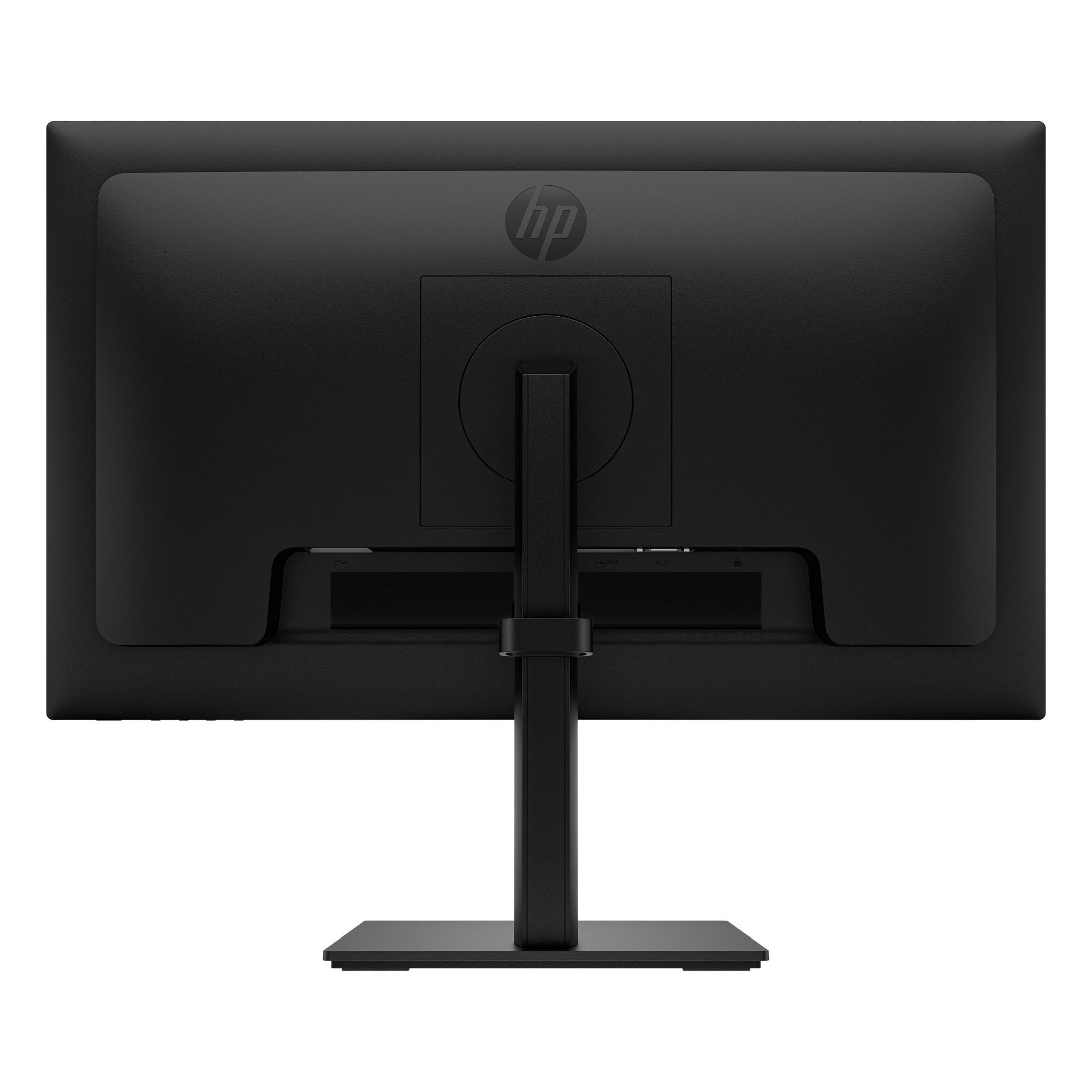 Beyaz arka plan üzerinde gümüş standlı siyah HP monitörün arka görünümü.