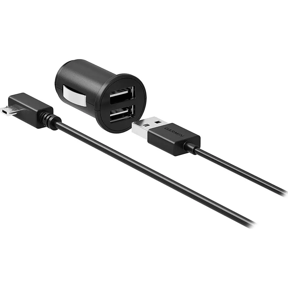 Caricabatterie per auto nero con due porte USB e due cavi.