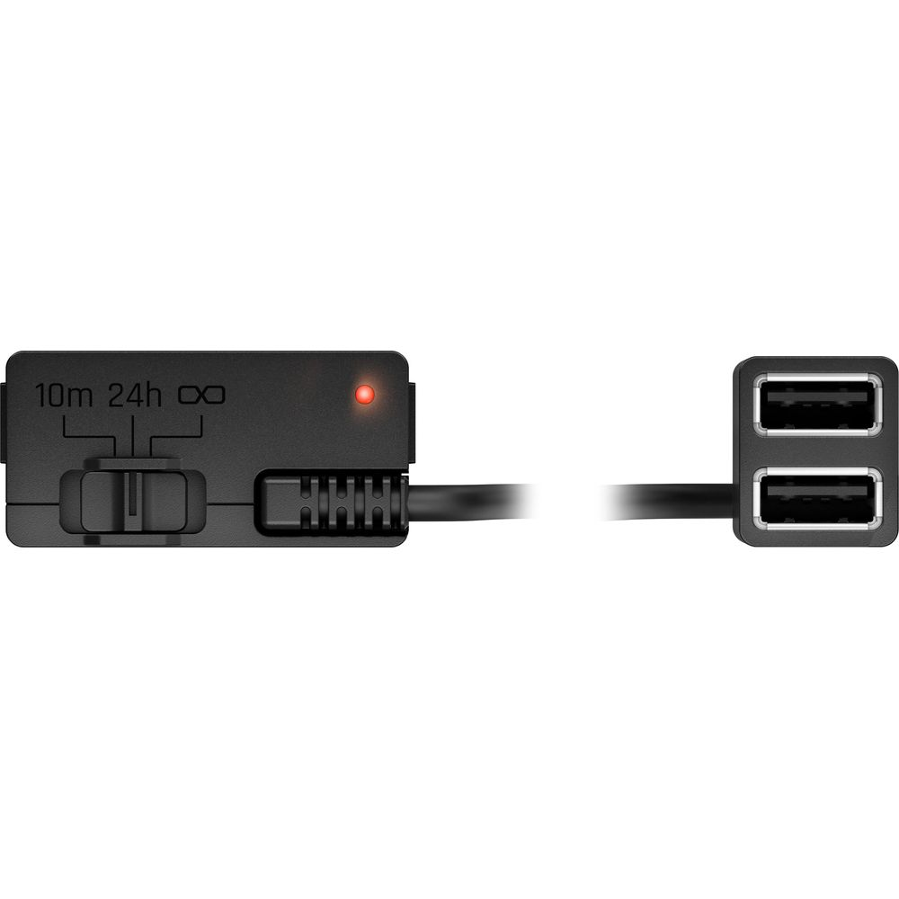 Adattatore USB nero a due porte con interruttore regolabile.