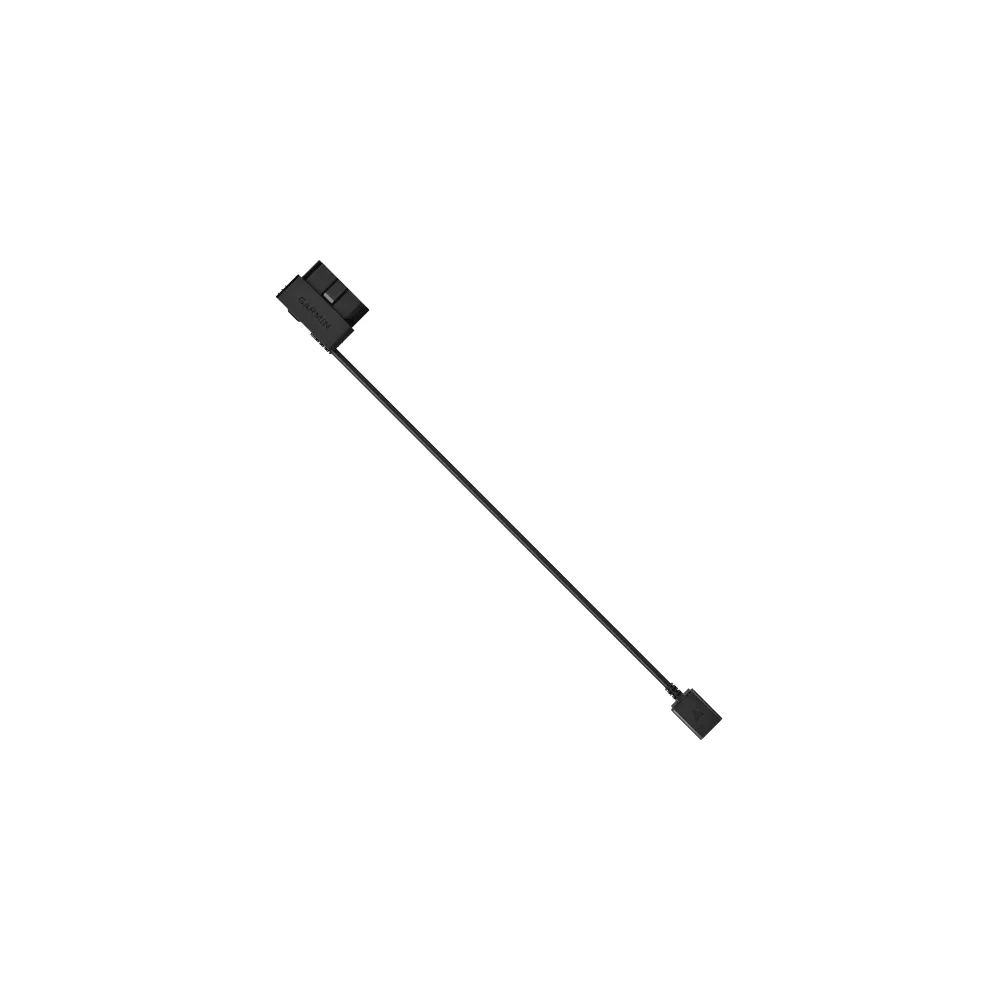 Un cavo di ricarica Garmin nero con connettore USB e connettore proprietario.