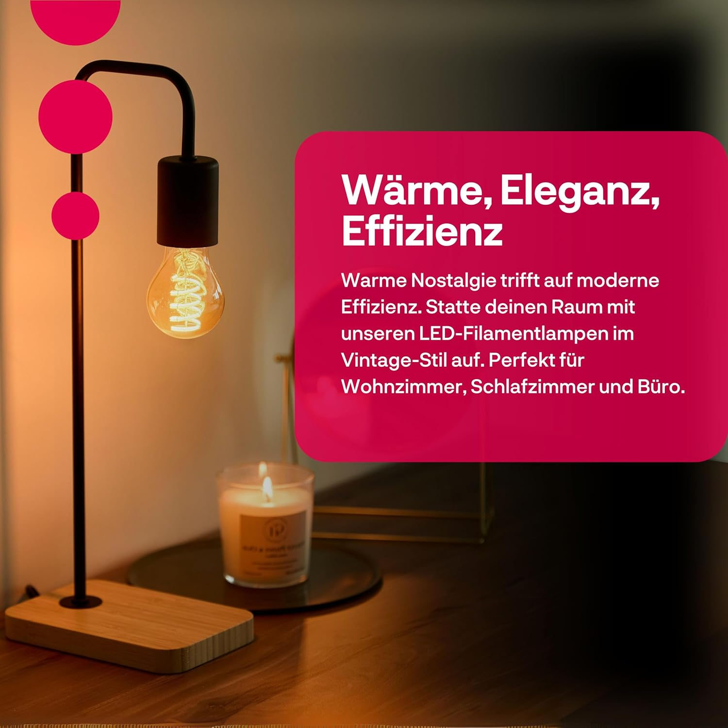 Une table de chevet moderne avec lampe à ampoule, bougie et cercles roses.