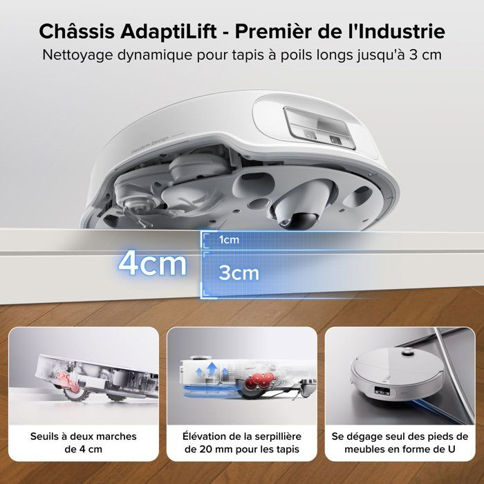 Un robot aspirador con chasis AdaptiLift, que supera umbrales de 4cm y alfombras de 3cm.