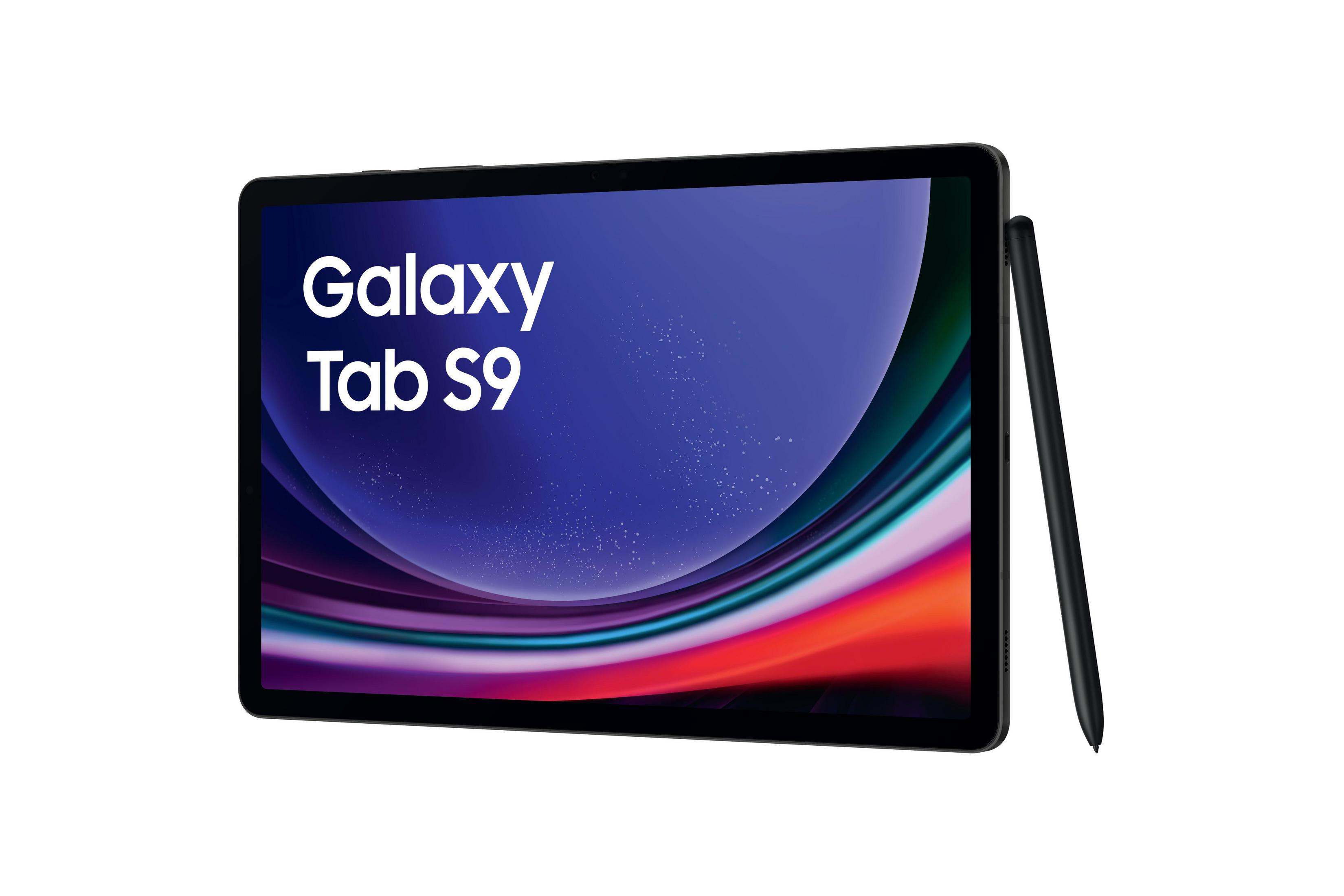 Ein schwarzes Tablet mit einem Stift daneben. Auf dem Bildschirm steht 'Galaxy Tab S9'.