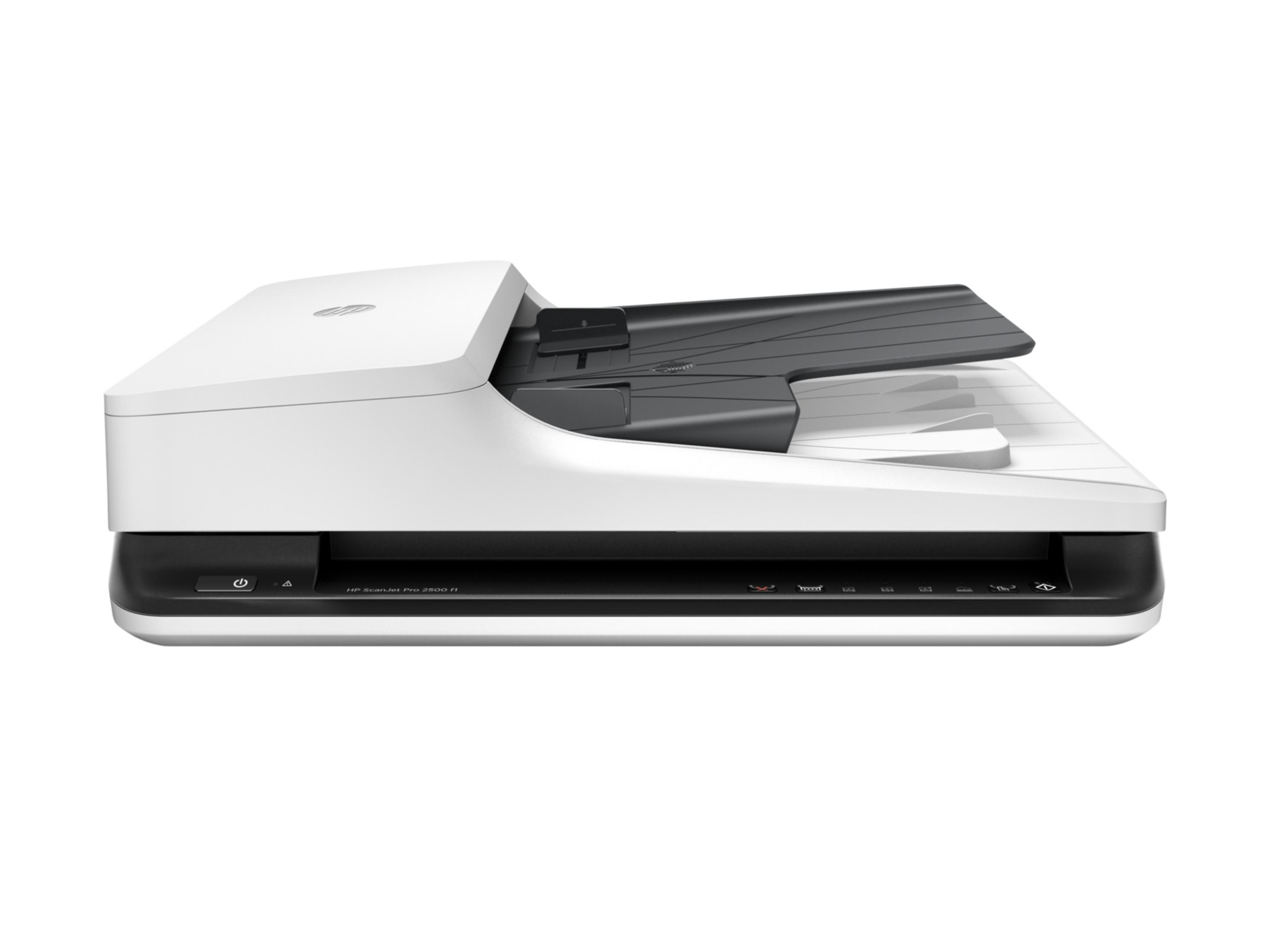 Siyah belge besleyicili beyaz HP ScanJet Pro 2500 f1 düz tarayıcı.