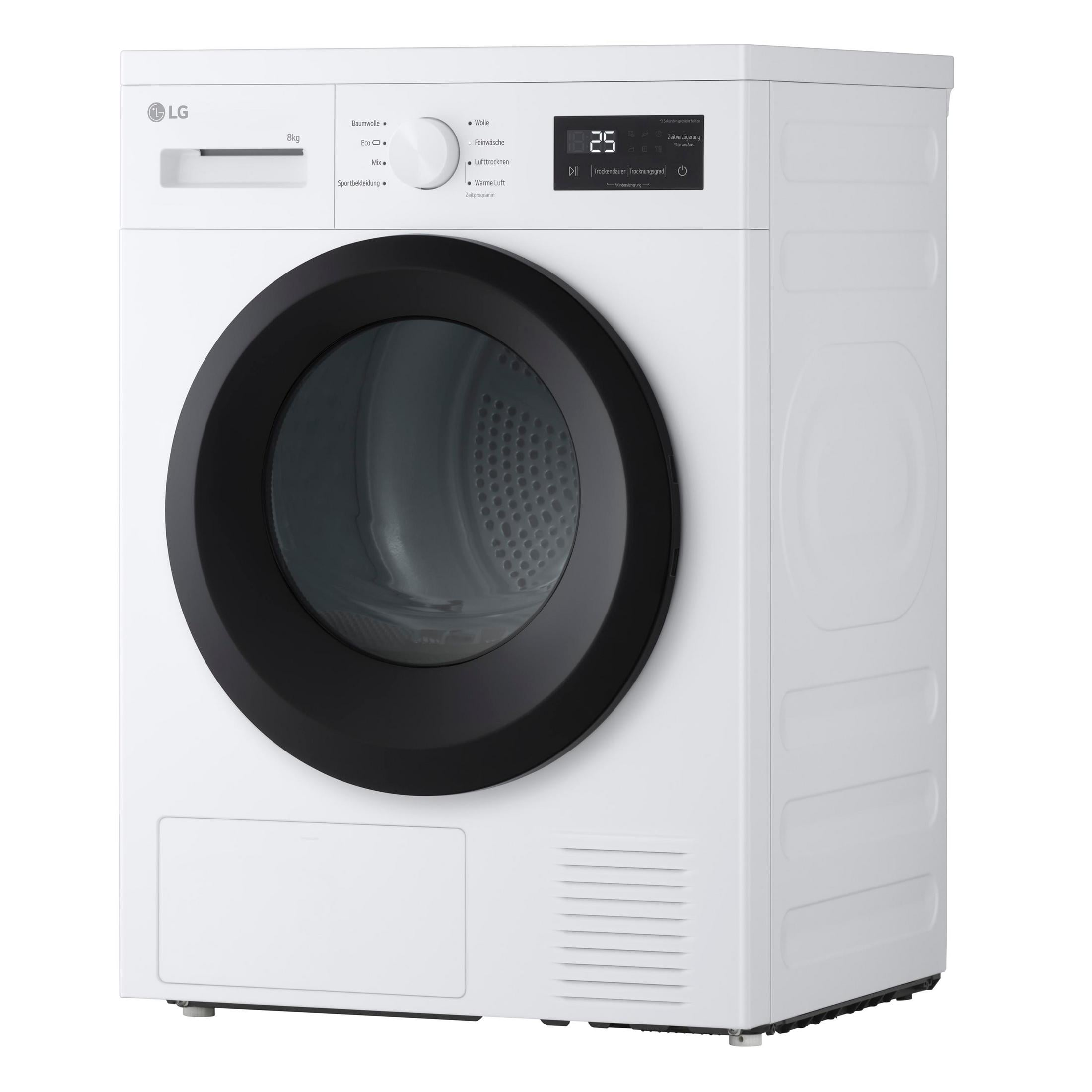 Eine weiße LG-Wäschetrockner mit schwarzem Bullauge und digitalem Display.