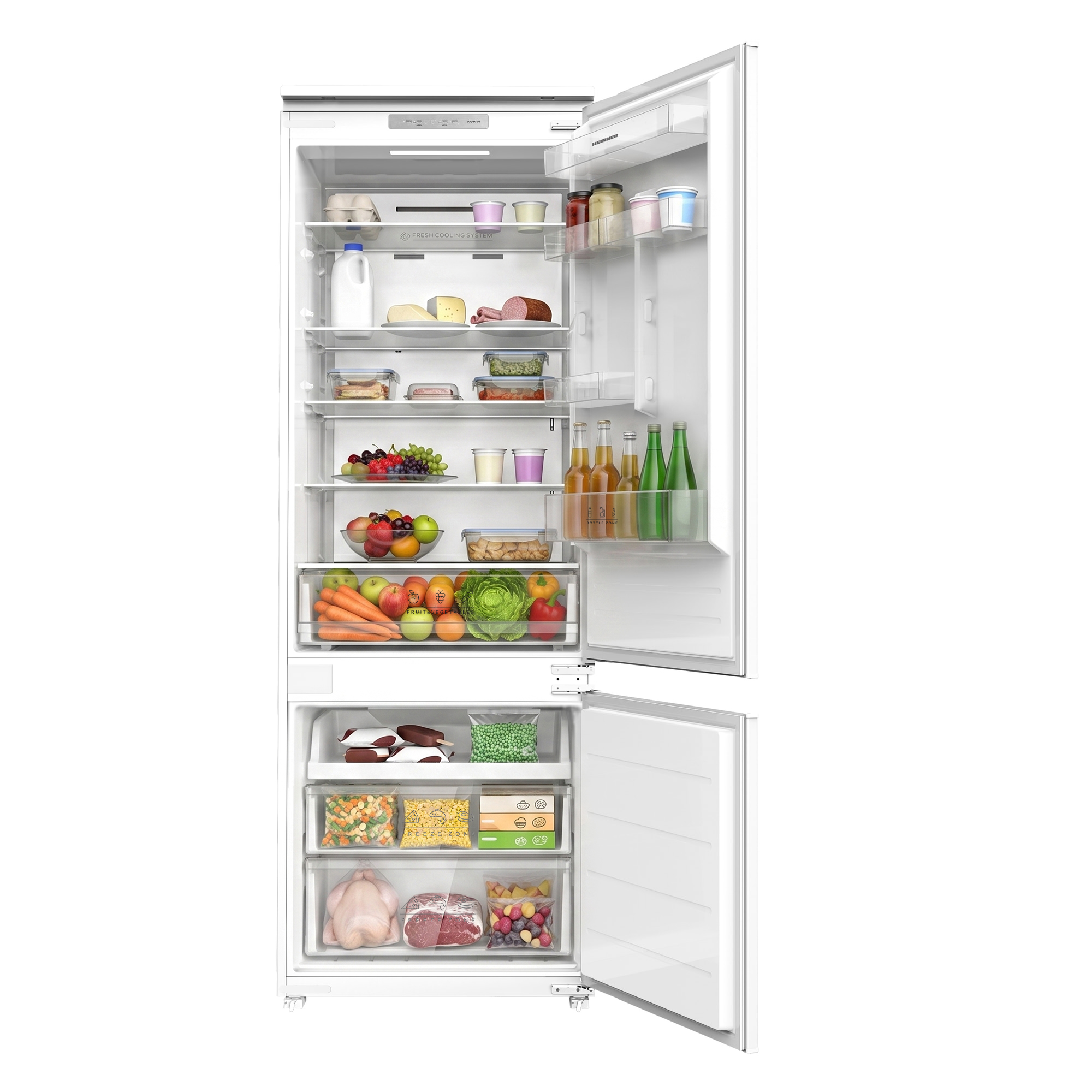 Ein weißer Kühlschrank mit offener Tür, gefüllt mit Lebensmitteln wie Obst, Gemüse, Fleisch und Getränken.