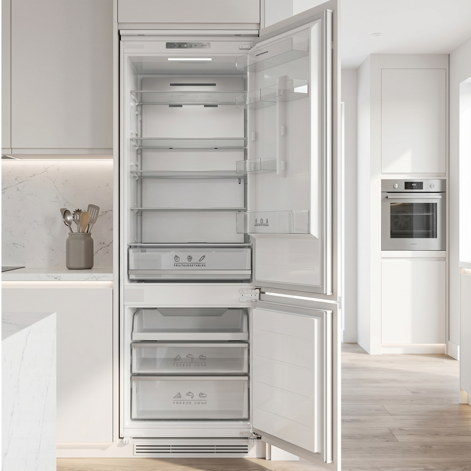 Ein offener weißer Kühlschrank mit Glasablagen und Schubladen in einer modernen Küche.