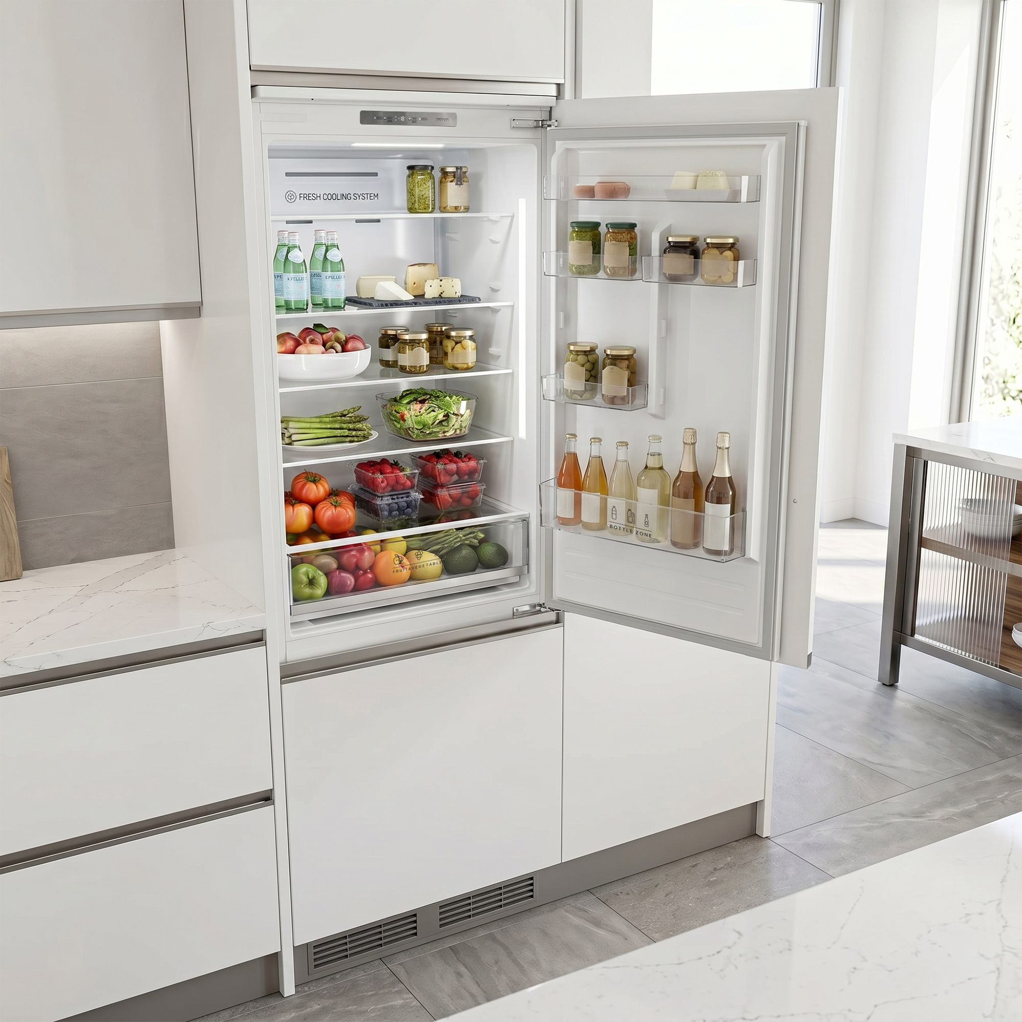 Offener Kühlschrank mit Obst, Gemüse, Käse, Gläsern und Flaschen.