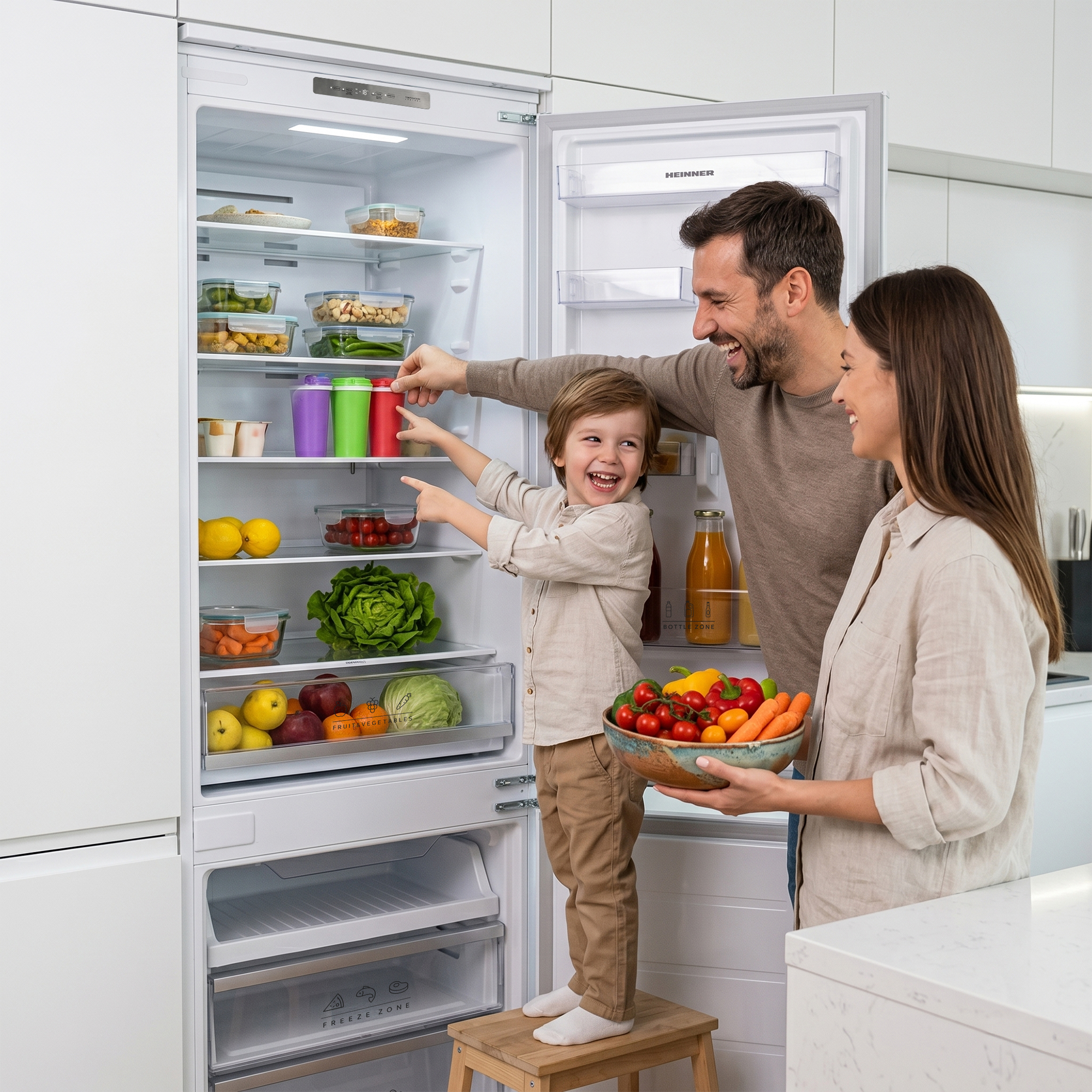 Familie packt Lebensmittel in einen offenen Kühlschrank, der voller Obst und Gemüse ist.