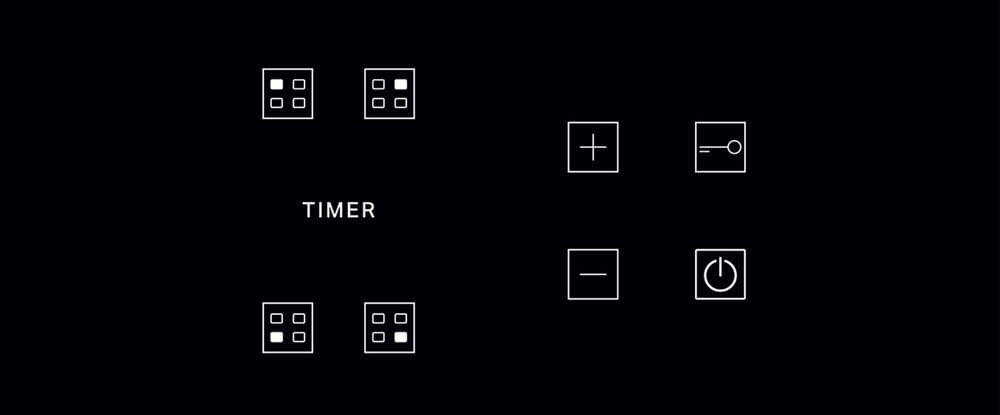 Eine schwarze Oberfläche mit weißen Symbolen: Timer, Plus, Minus, Ein/Aus und zwei Gitter.