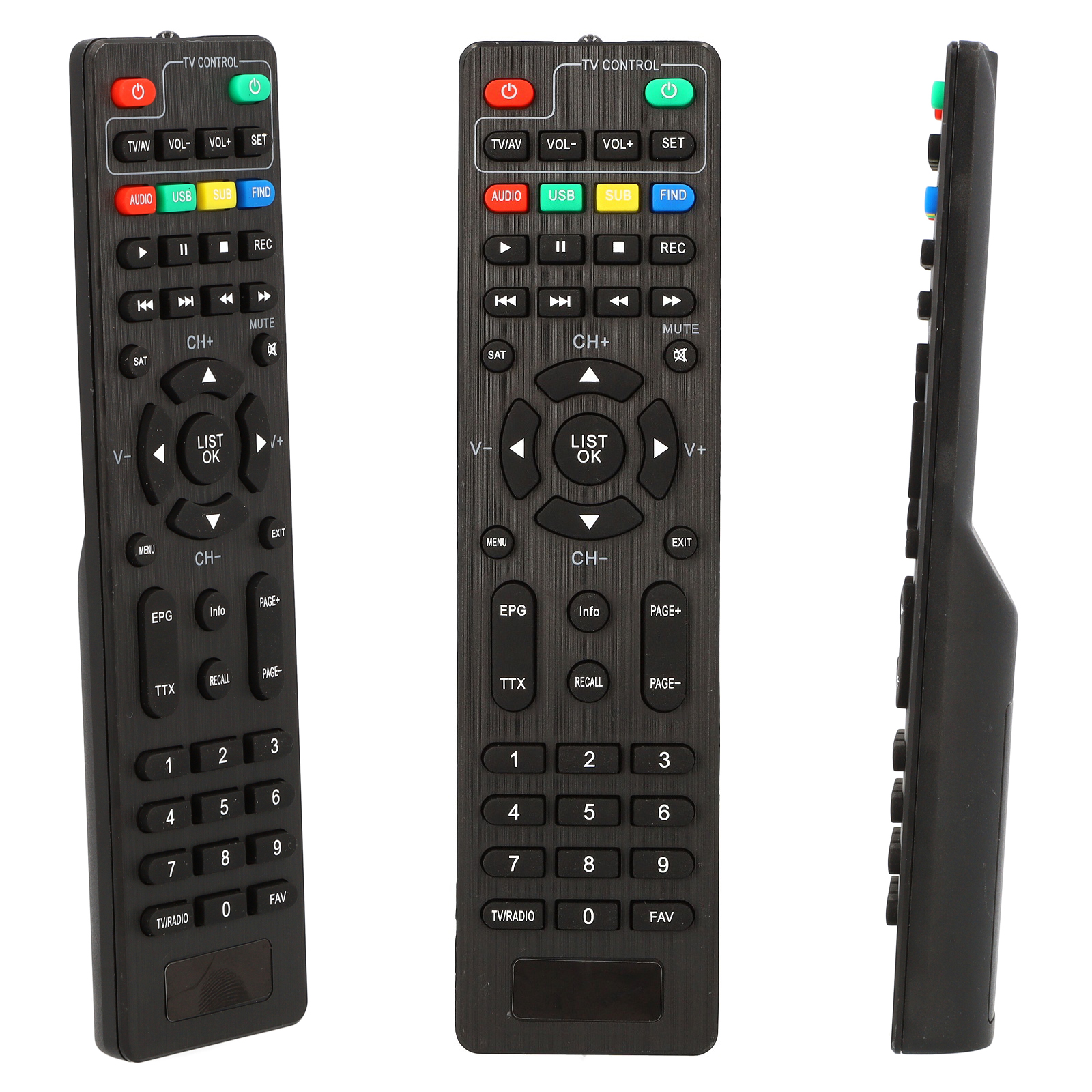 Drei Ansichten einer schwarzen TV-Fernbedienung mit zahlreichen Tasten und Beschriftungen.