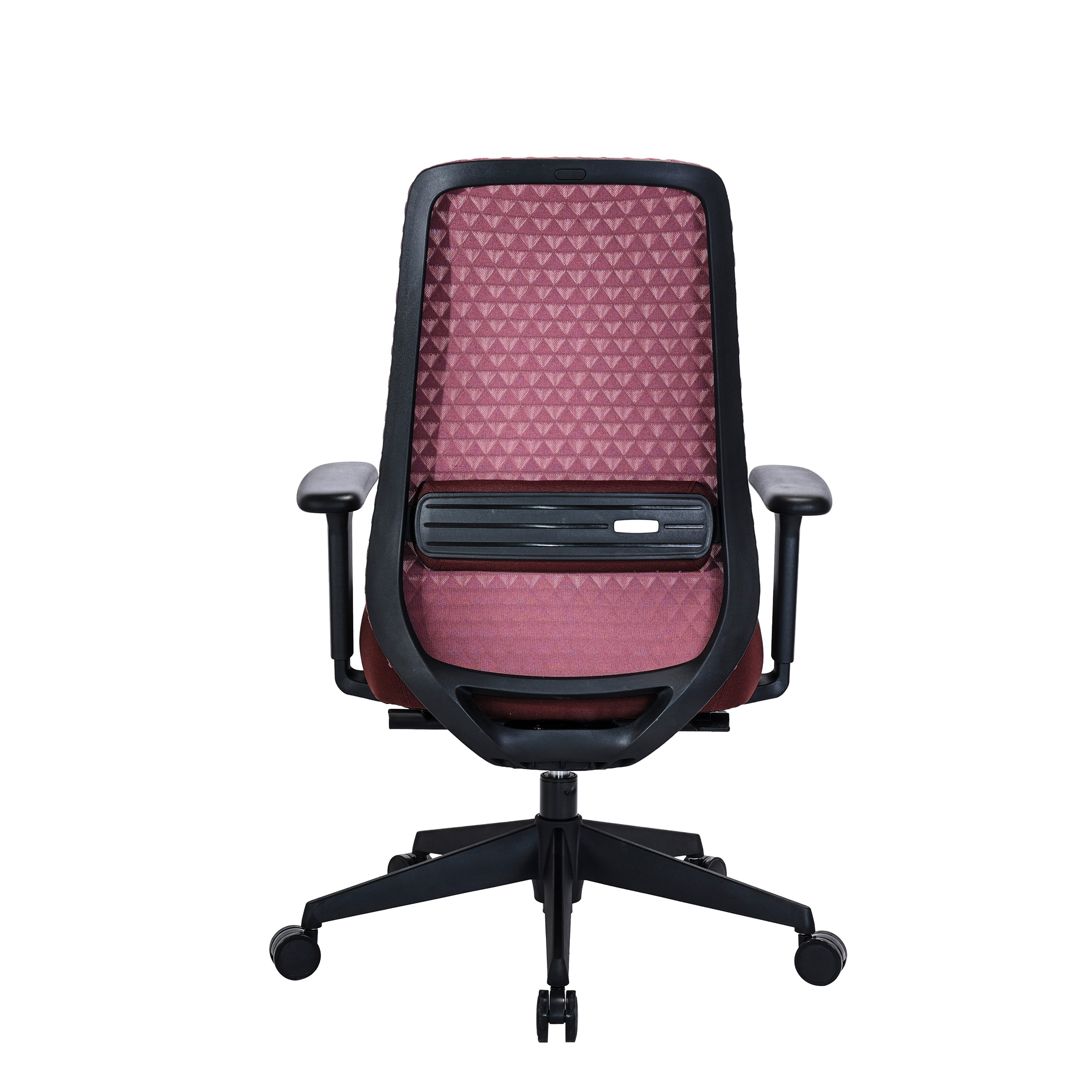 Rückansicht eines Bürostuhls mit dunkelrotem Netzrücken und schwarzen Armlehnen.