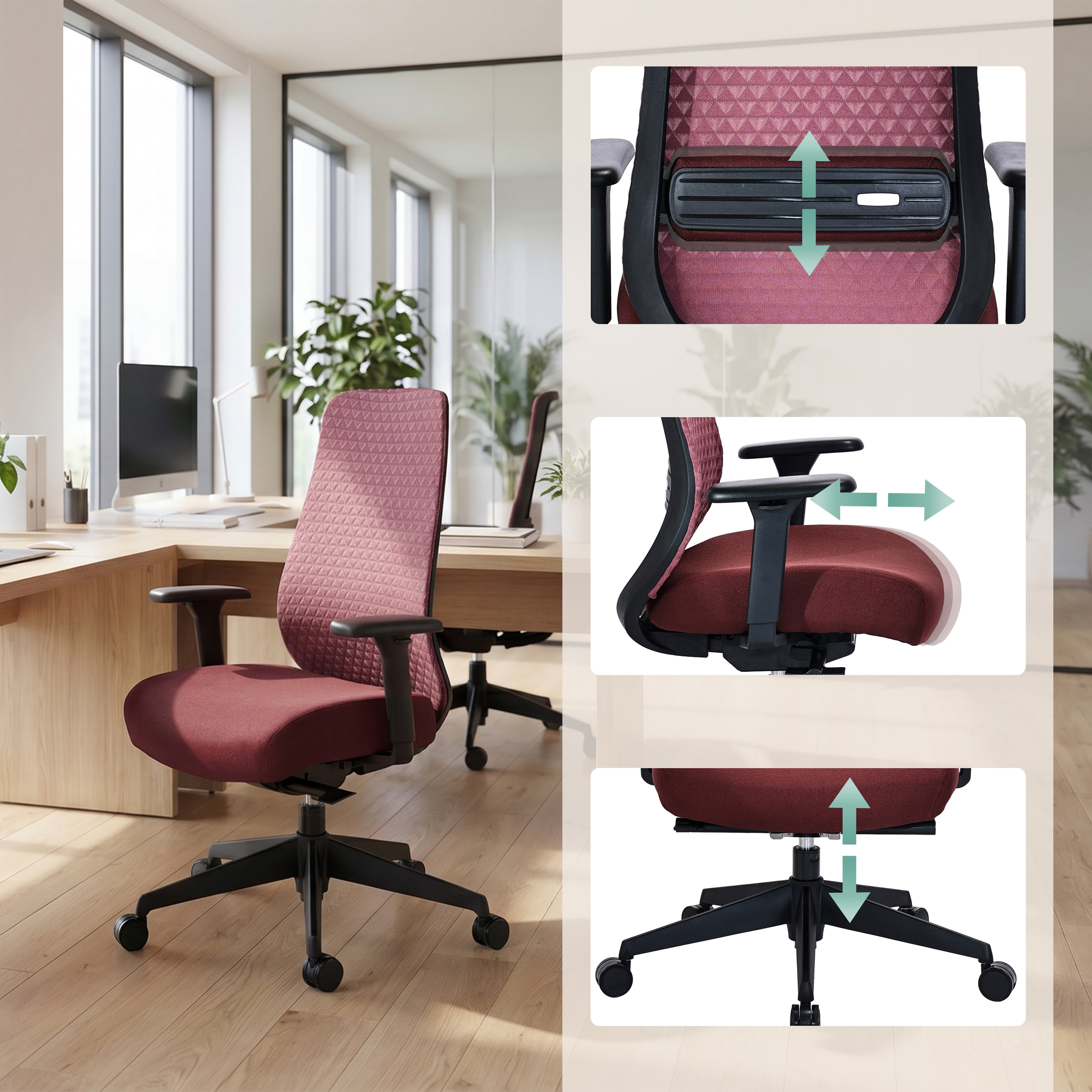 Bordeauxroter Bürostuhl mit verstellbarer Rückenlehne und Armlehnen.