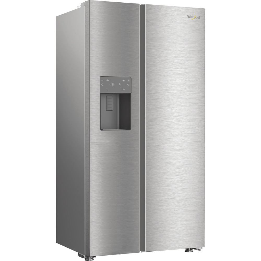 A silver side-by-side refrigerator with a water dispenser and control panel.