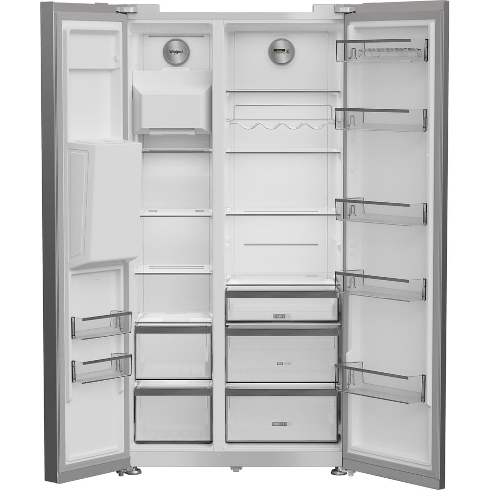 Open side-by-side refrigerator with clear shelves and drawers, and door compartments.