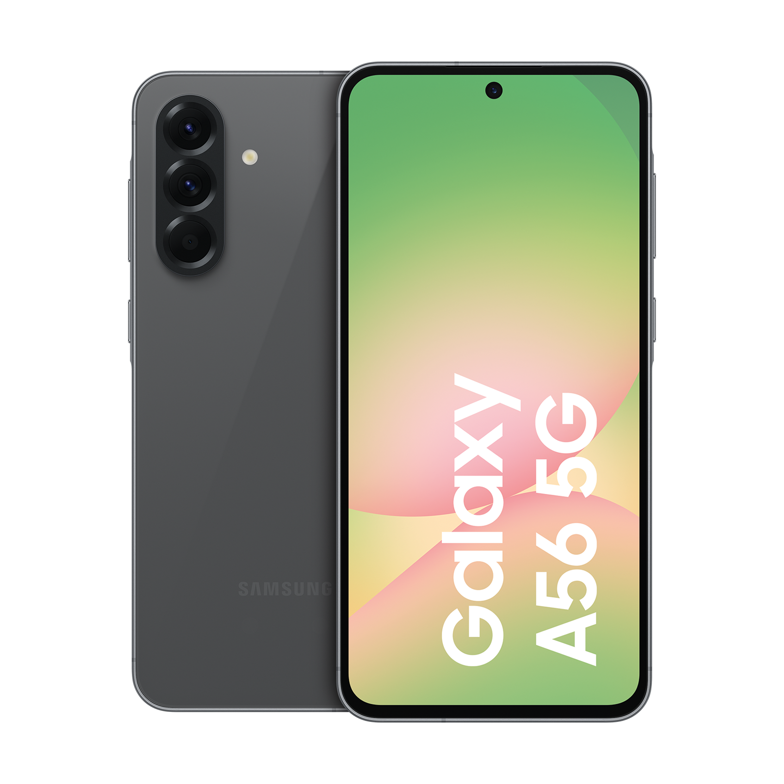 Teléfono inteligente gris Samsung Galaxy A56 5G con triple cámara trasera y pantalla degradada.