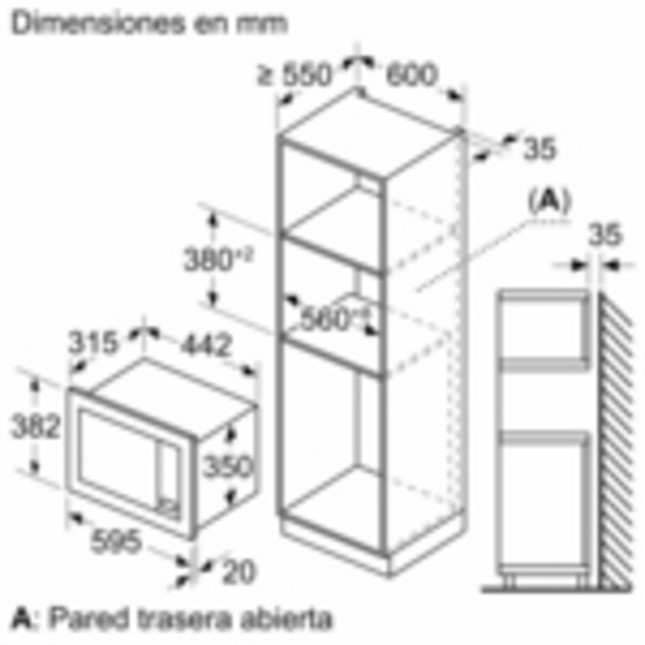 Dibujo técnico con dimensiones para electrodomésticos empotrables, microondas y columna.